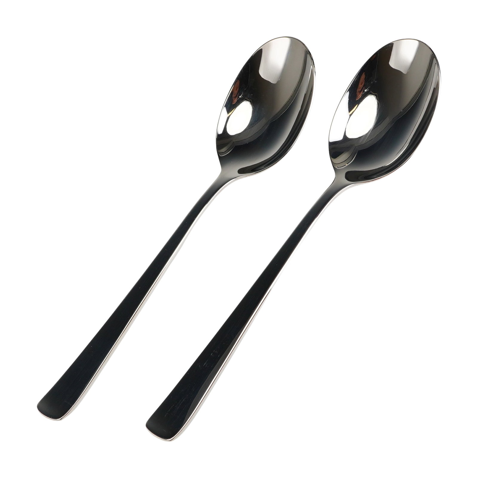2pc Robbe & Berking Stainless Steel Serving Spoons: The spoons are constructed from highly polished stainless steel, featuring smooth, straight handles that taper slightly towards a rounded rectangular terminal. The underside of the neck of each spoon 