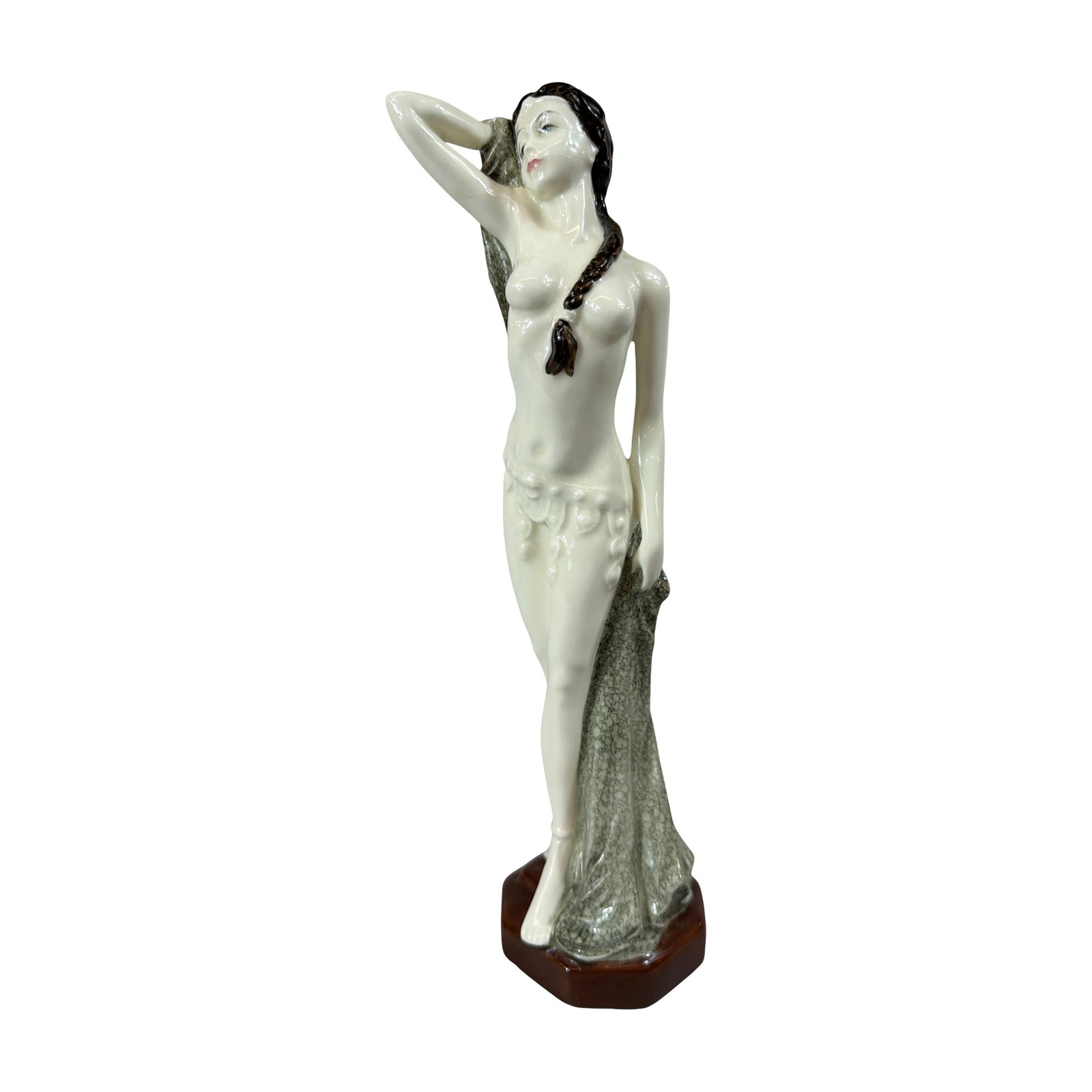 Royal Doulton Archives Liberty Artist Copy Porcelain Figurine, Signed: Royal Doulton Archives bone china figurine titled Liberty, model HN 4353. The Art Deco style glazed porcelain figure depicts a semi-nude female with a long dark braid, leaning against a draped column 