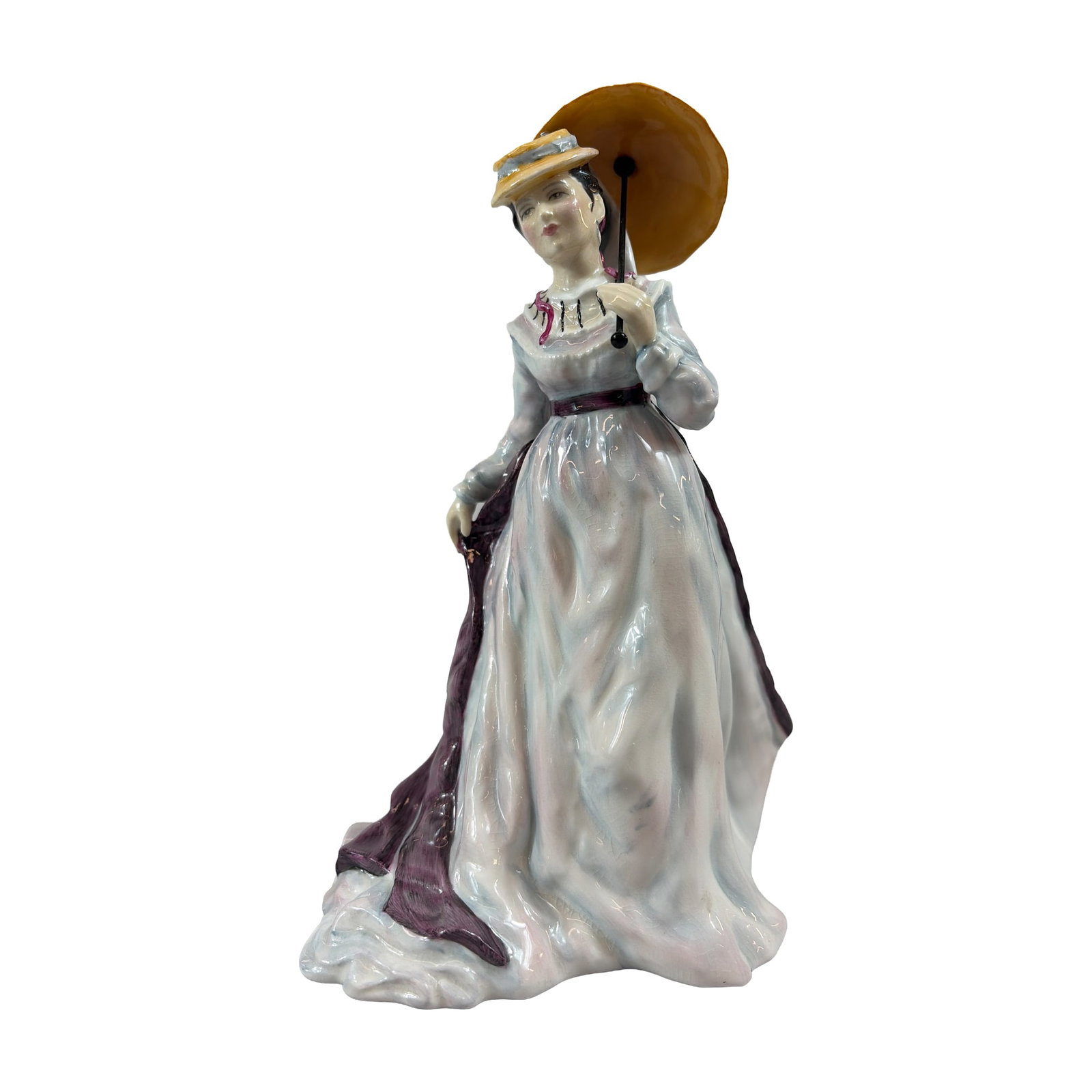 Royal Doulton Bone China Figurine, Lise HN3474: The hand-decorated figure depicts a woman in late 19th-century dress inspired by the paintings of Pierre-Auguste Renoir, wearing a white dress with black trim and pink ribbons, a purple shawl, and a s
