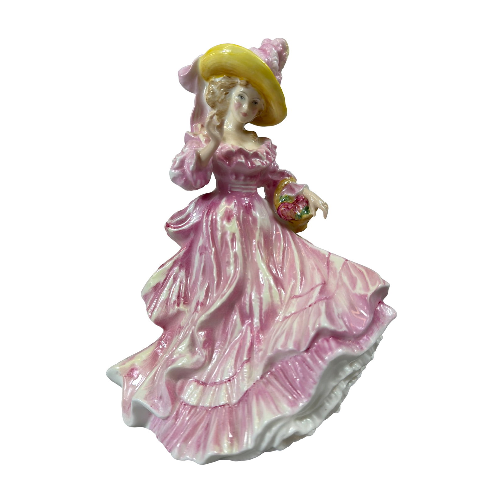 Royal Doulton Camellias Bone China Figurine HN 3701: Royal Doulton glazed bone china figurine titled Camellias, HN 3701, from the Flowers of Love series. Modeled by artist Valerie Annand. The figure depicts a standing woman in a draped pink and white ru