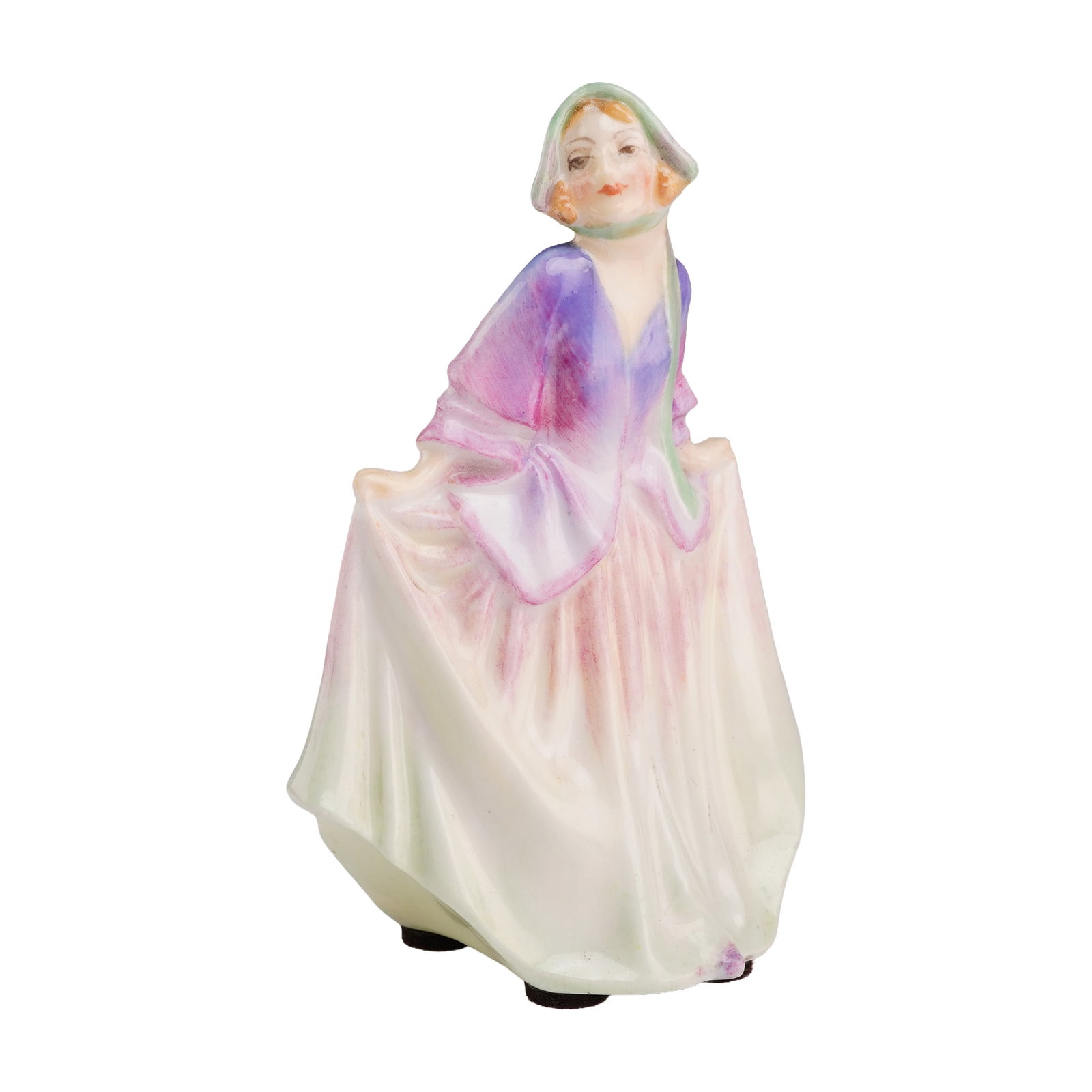 Royal Doulton Miniature Figurine, Sweet Anne M5: The piece depicts a woman in 18th-century style attire, shown in a curtseying pose while holding the sides of her pale green and cream-colored skirt. She wears a bodice shaded in purple and pink tones
