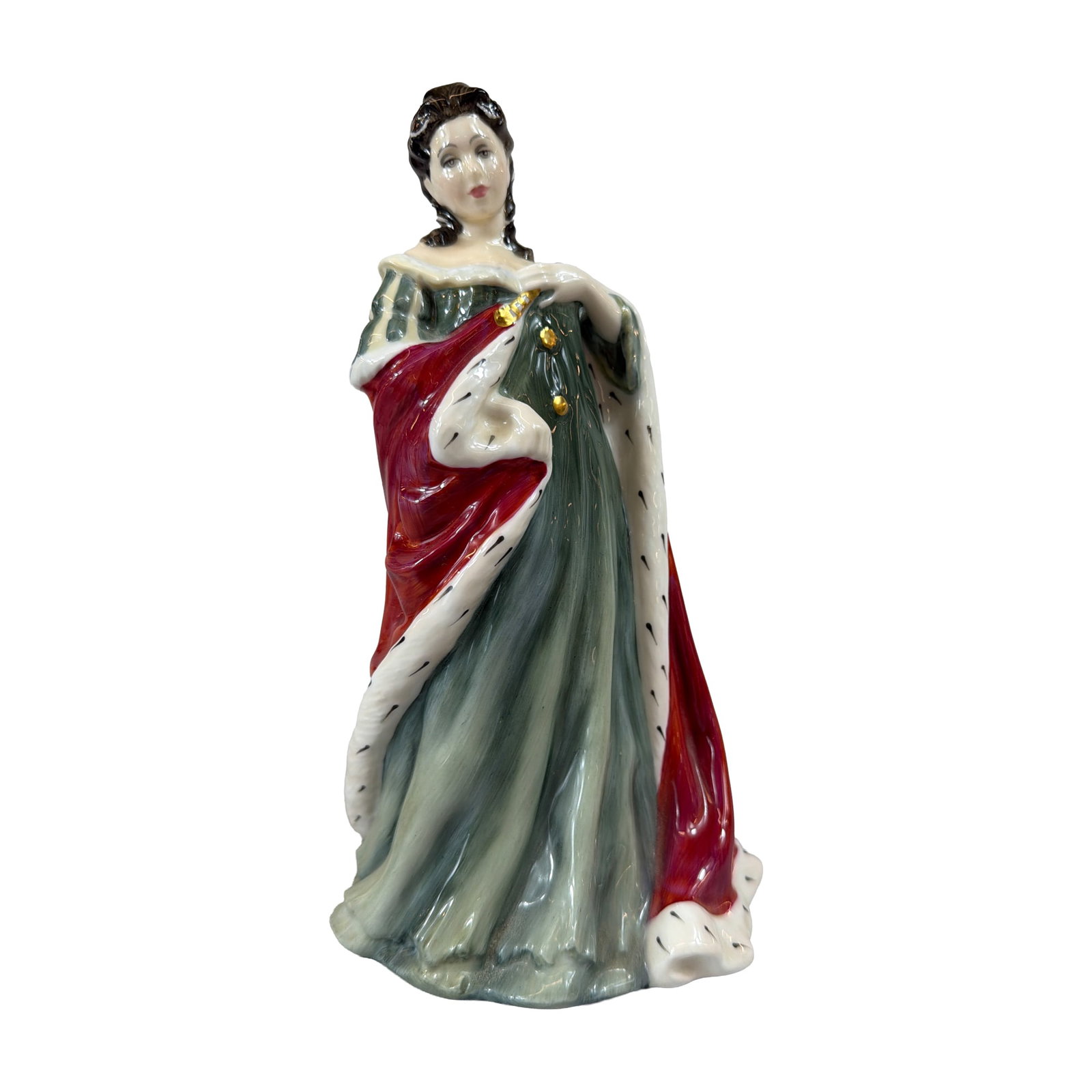 Royal Doulton Queen Anne Queens of the Realm Figurine: Royal Doulton bone china figurine, Queen Anne, HN 3141, from the Queens of the Realm series. This hand-decorated figure is a limited edition, numbered 2104 of 5000, from an original sculpture by Pauli