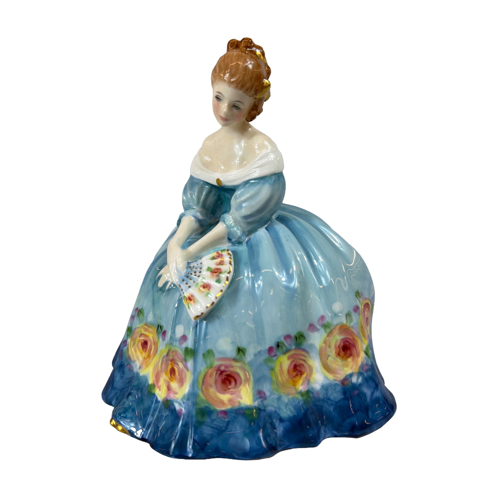 Royal Doulton Victoria Bone China Figurine HN 3416: Royal Doulton bone china figurine titled Victoria, model HN 3416, designed by Peggy Davies. The figure depicts a seated woman in a powder-blue gown decorated with hand-painted yellow and pink roses an