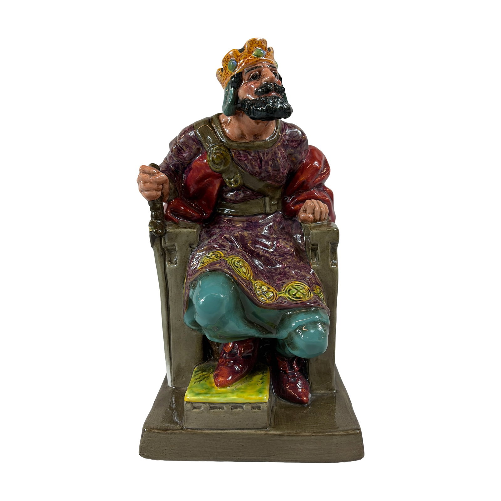 Royal Doulton Colorway Porcelain Figurine, The Old King HN2134: Glazed ceramic figurine featuring a seated king on a stylized architectural throne. The polychrome figure is modeled with a dark beard and crown, wearing a textured purple tunic with gold-toned medall