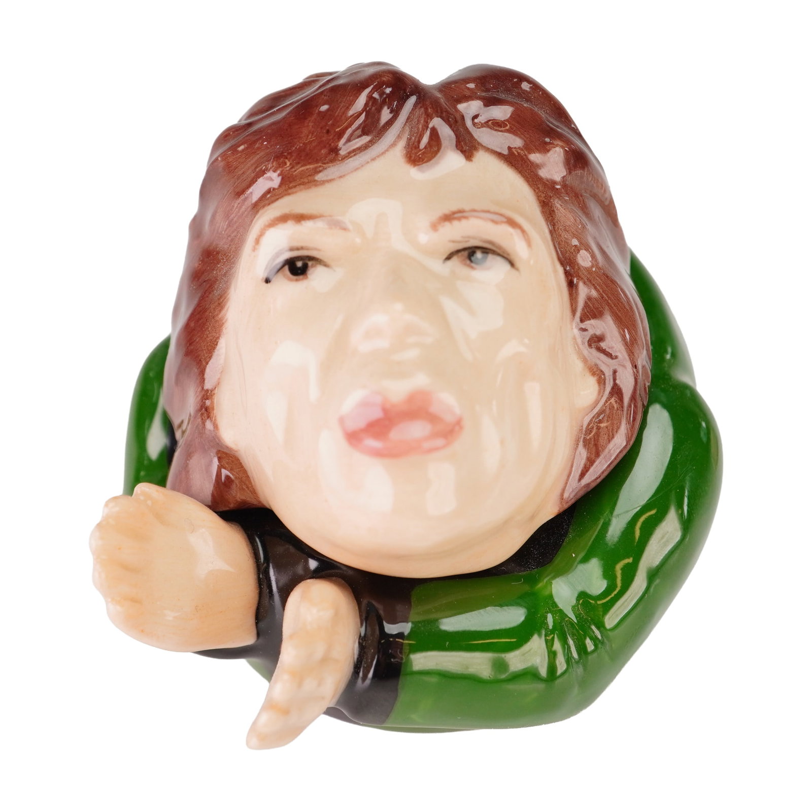 Kevin Francis Face Pot, Mick Jagger: A two-piece collectible ceramic Face Pot by Kevin Francis depicting Rolling Stones lead singer Mick Jagger. The item features a removable lid modeled as Jagger's head with signature features and a bas