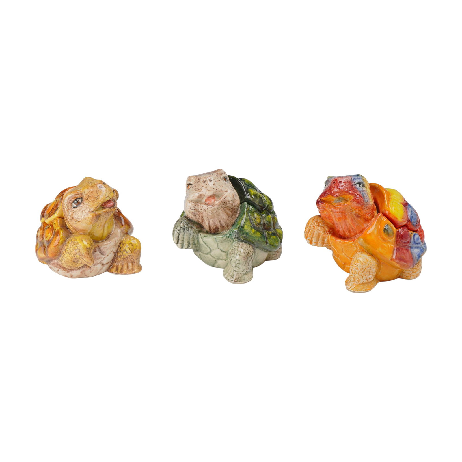 3pc Kevin Francis Face Pots, Prototype Turtles: This set features three glazed ceramic lidded trinket pots, also referred to as turtles, from the Face Pots series by Kevin Francis. Produced in England, each piece is modeled with a humanized face an