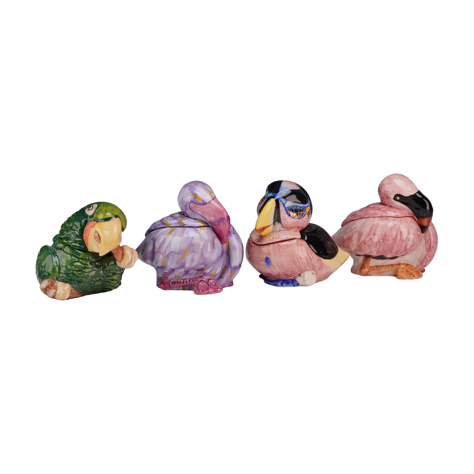 Set of Four Kevin Francis Face Pots Trinket Boxes includes Prototype and Limited Edition: Each piece is hand-made and hand-painted in England, featuring a two-part design with a removable lid forming the head and shoulders of the character. The collection includes: John The Parrot: A green