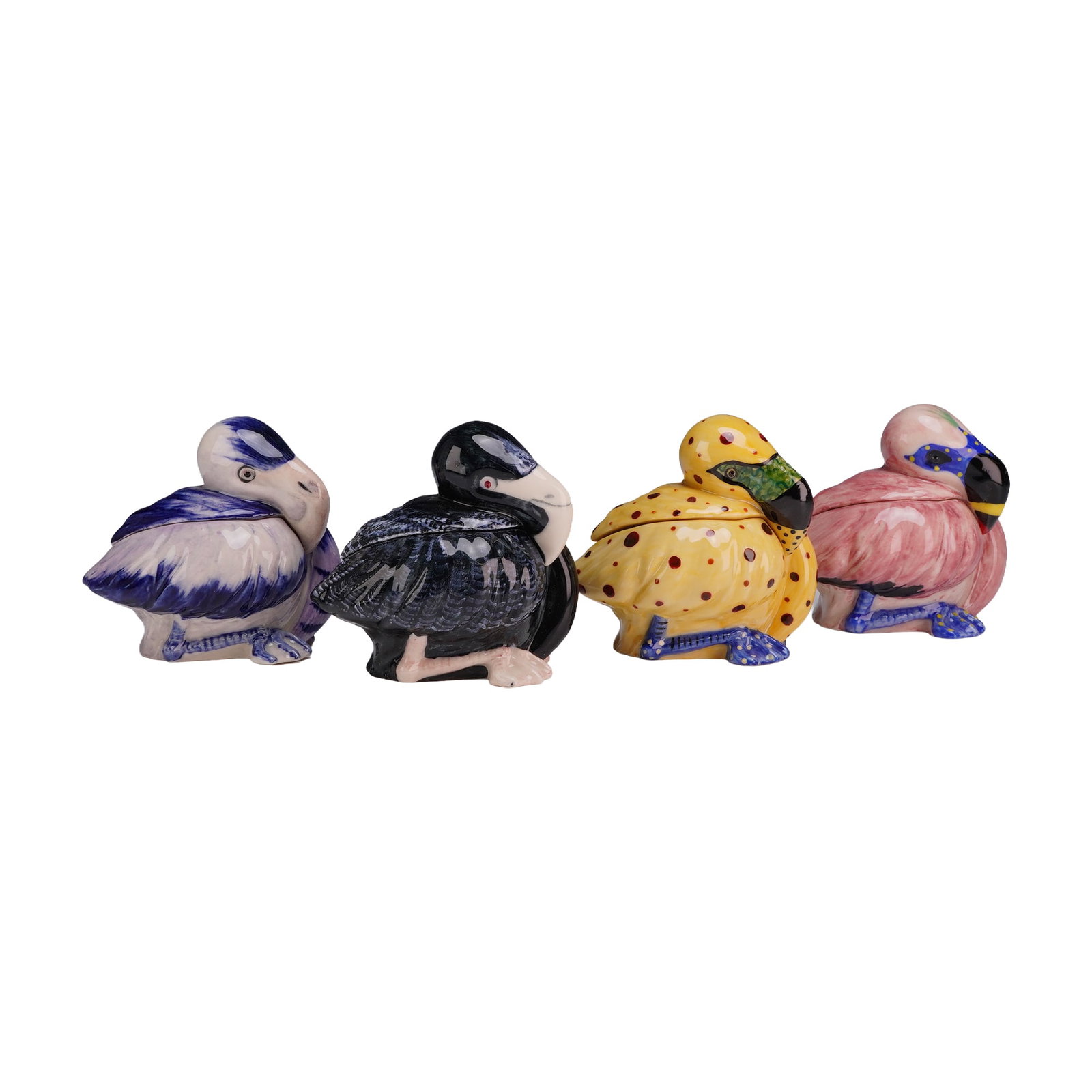 Four Kevin Francis Face Pots Dodo Prototype and Hand Signed Color Trials: A collection of lidded ceramic trinket boxes from the Face Pots line by Kevin Francis, featuring stylized dodo bird subjects. The group includes four distinct color schemes: a cobalt blue and white fe