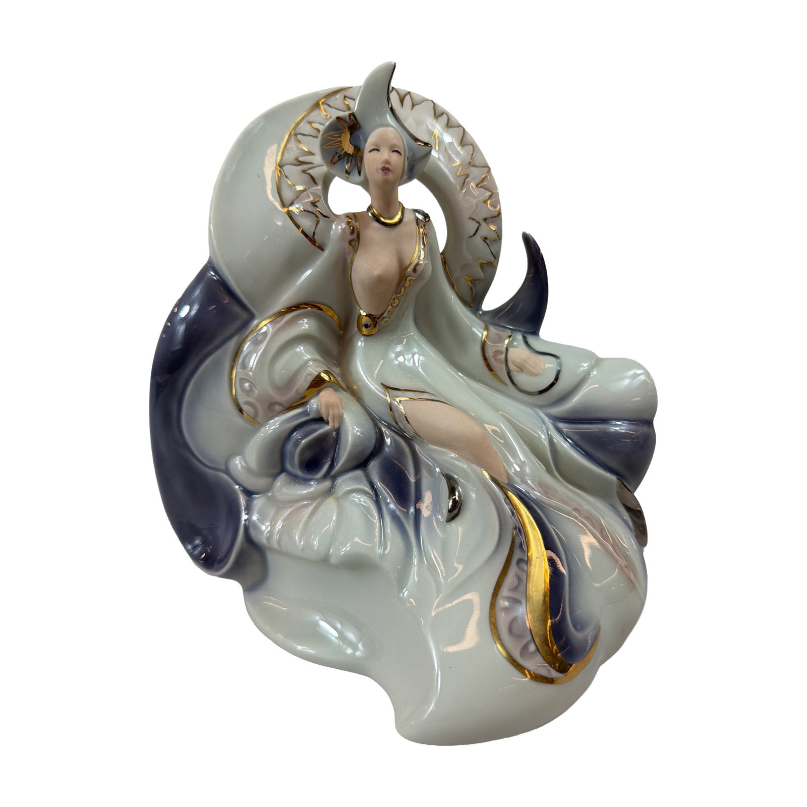 Galos Diseno Porcelain Art Deco Woman Figurine: Galos Diseno, Galicia, Spain. Stylized porcelain figurine depicting a woman in the Art Deco style, featuring flowing drapery and celestial motifs including a crescent moon and starburst. The piece dis