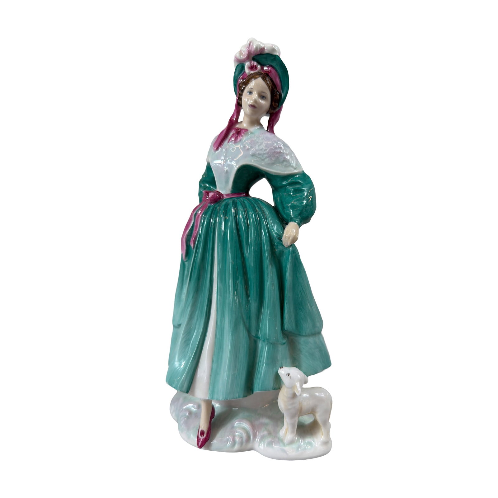 John Bromley Bone China Figurine Spring In The Air: John Bromley bone china figurine titled Spring In The Air, from the Seasonal Joys limited edition collection. The figure depicts a young woman in a teal green gown and matching bonnet accented with pi