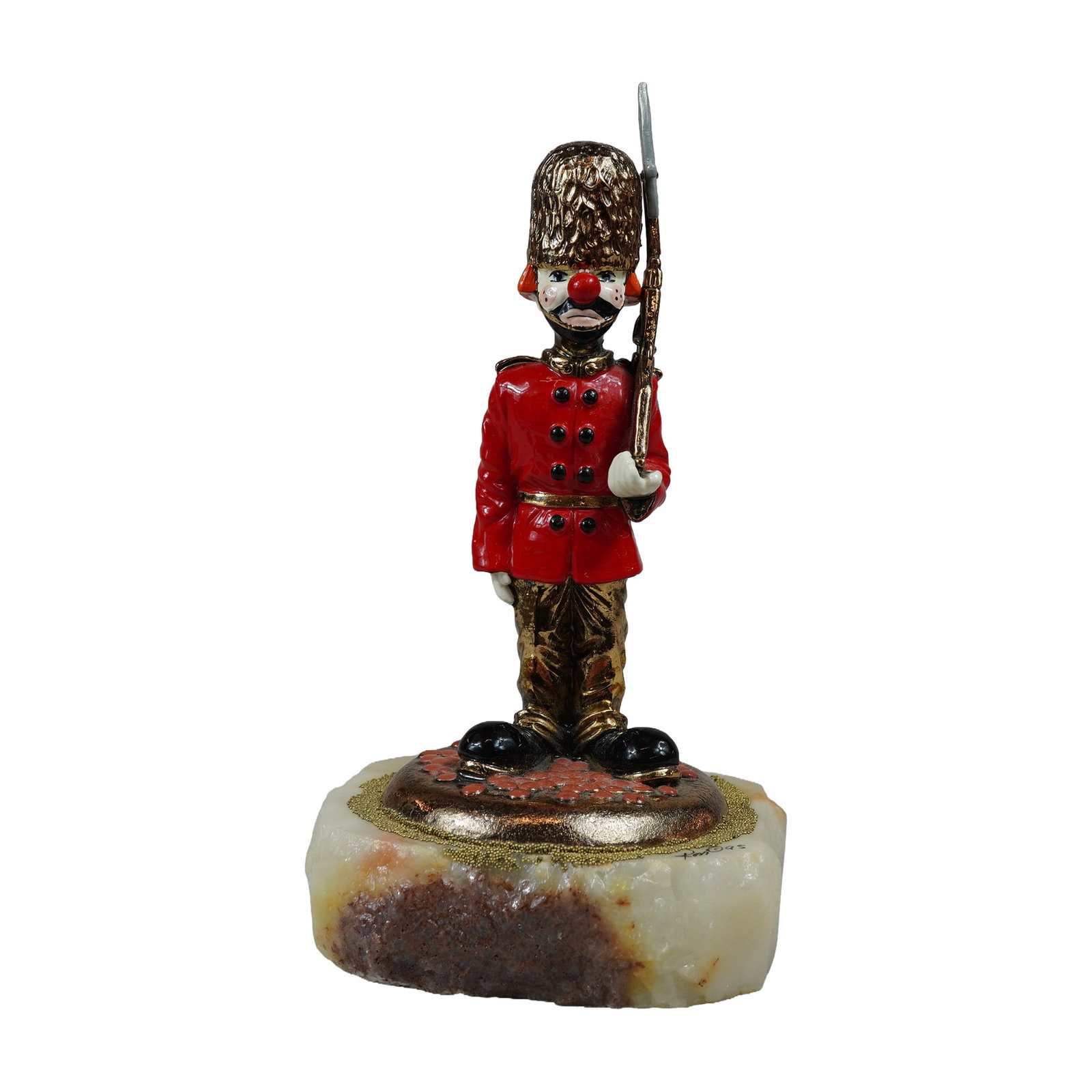 Ron Lee 1995 Hobo Joe in England Figurine: Ron Lee (American, 1947-2017). Hand-painted cast metal figurine with 24 karat gold-plated accents mounted on a rough-cut onyx base. The sculpture depicts the character Hobo Joe dressed as a British Ro