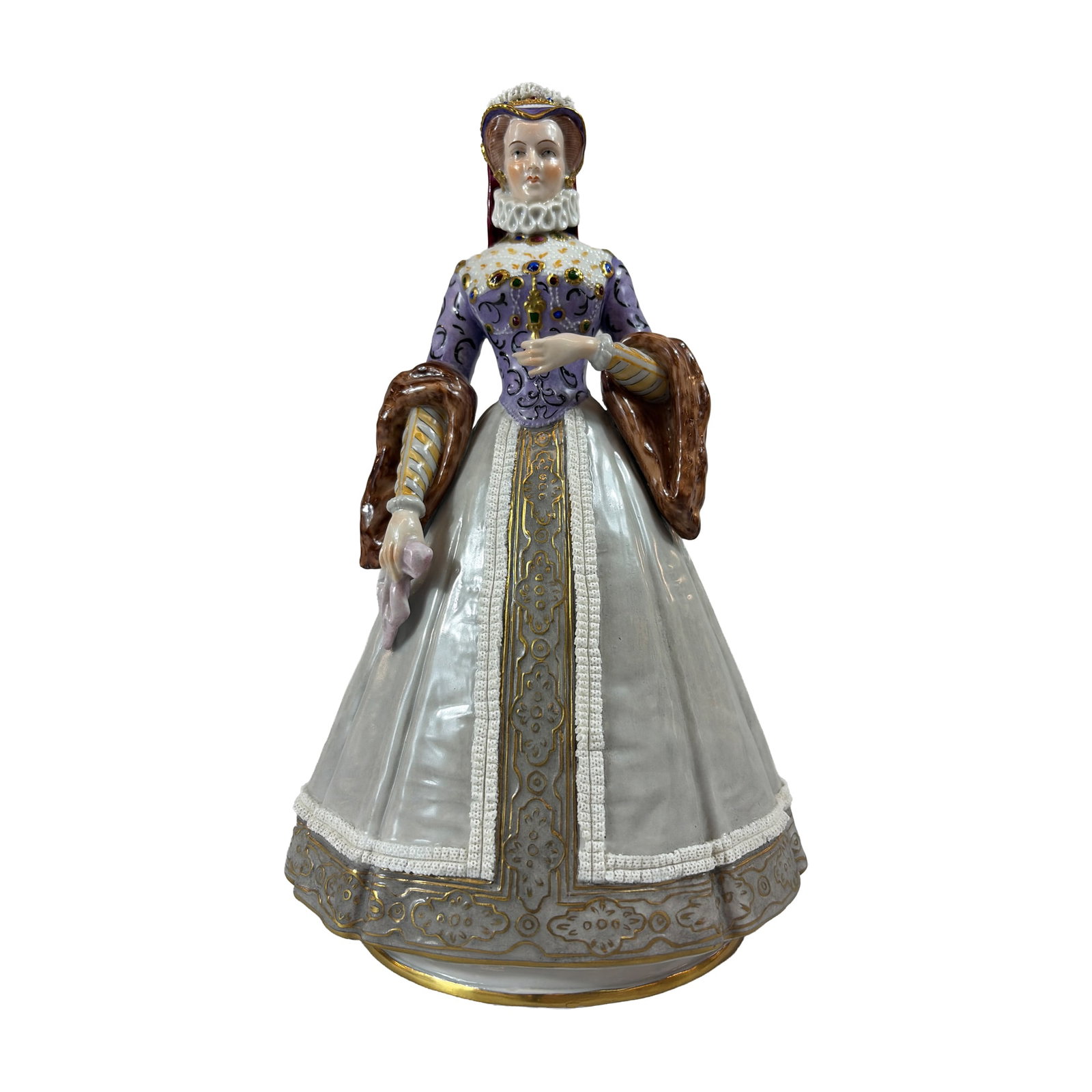 Sitzendorf German Porcelain Elisabeth of Austria Figurine: German, late 19th to early 20th century, Sitzendorf. Polychrome glazed porcelain figurine depicting Elisabeth of Austria, Queen Consort of France, in 16th-century court attire. The figure features a l