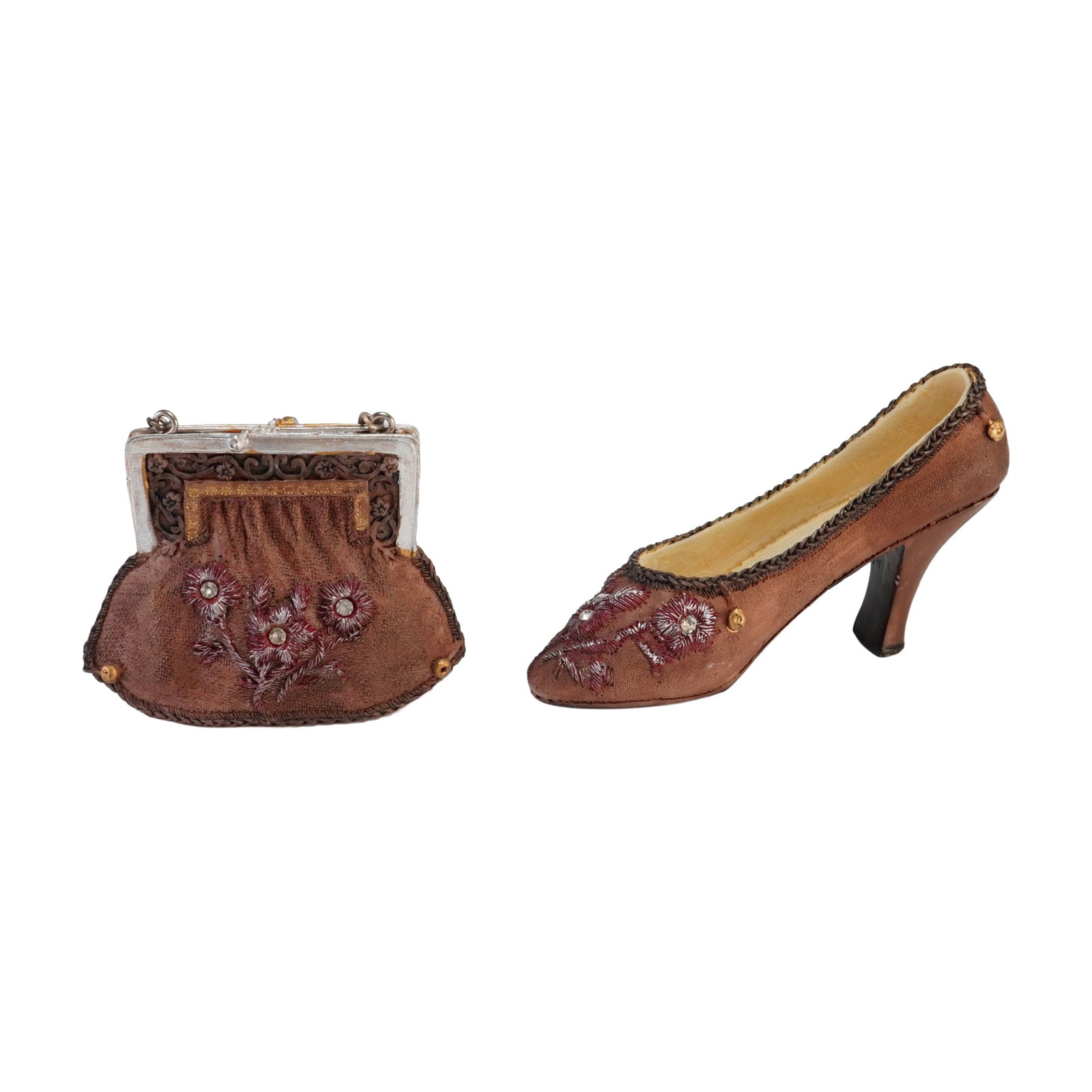 2pc Miniature High-Heeled Shoe and Matching Handbag Figurines (1 of 3)