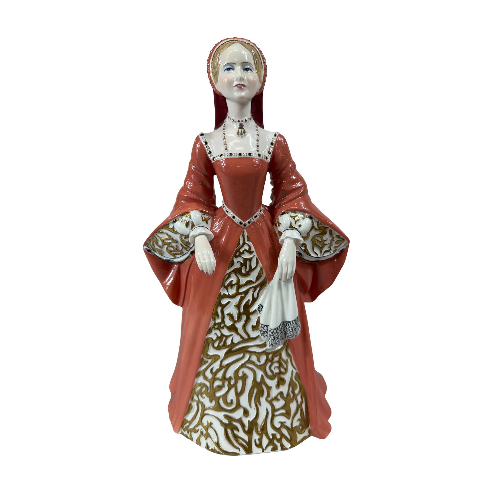 Coalport House of Tudor Limited Edition Bone China Figurine: Coalport, England. A limited edition bone china figurine from the House of Tudor 1485-1603 series, modeled by Douglas V. Tootle. The figure depicts a noblewoman in a coral colored gown featuring a squ