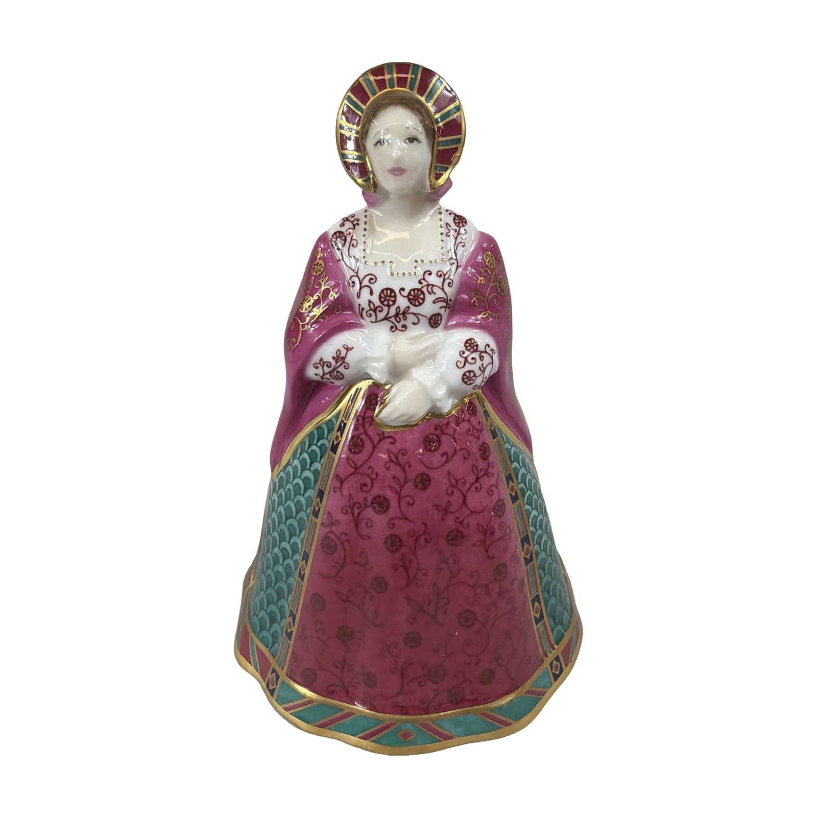 Royal Worcester Catherine of Aragon Candle Snuffer: Royal Worcester fine bone china candle snuffer titled Catherine of Aragon, from The Connoisseur Collection, dated 1989. The figure depicts the first wife of Henry VIII in a magenta gown with gilded fl