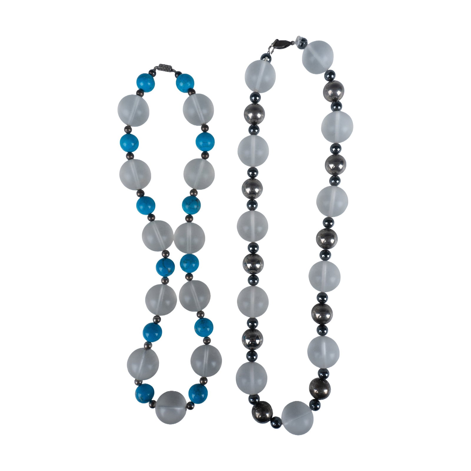 Pair of Opaque White Clear Stone Necklaces: Splendid duo of beaded necklaces that consists of a fish hook clasp necklace with opaque spheres and Navajo silver beads, and a barrel clasp necklace with opaque spheres and turquoise beads. Longest i