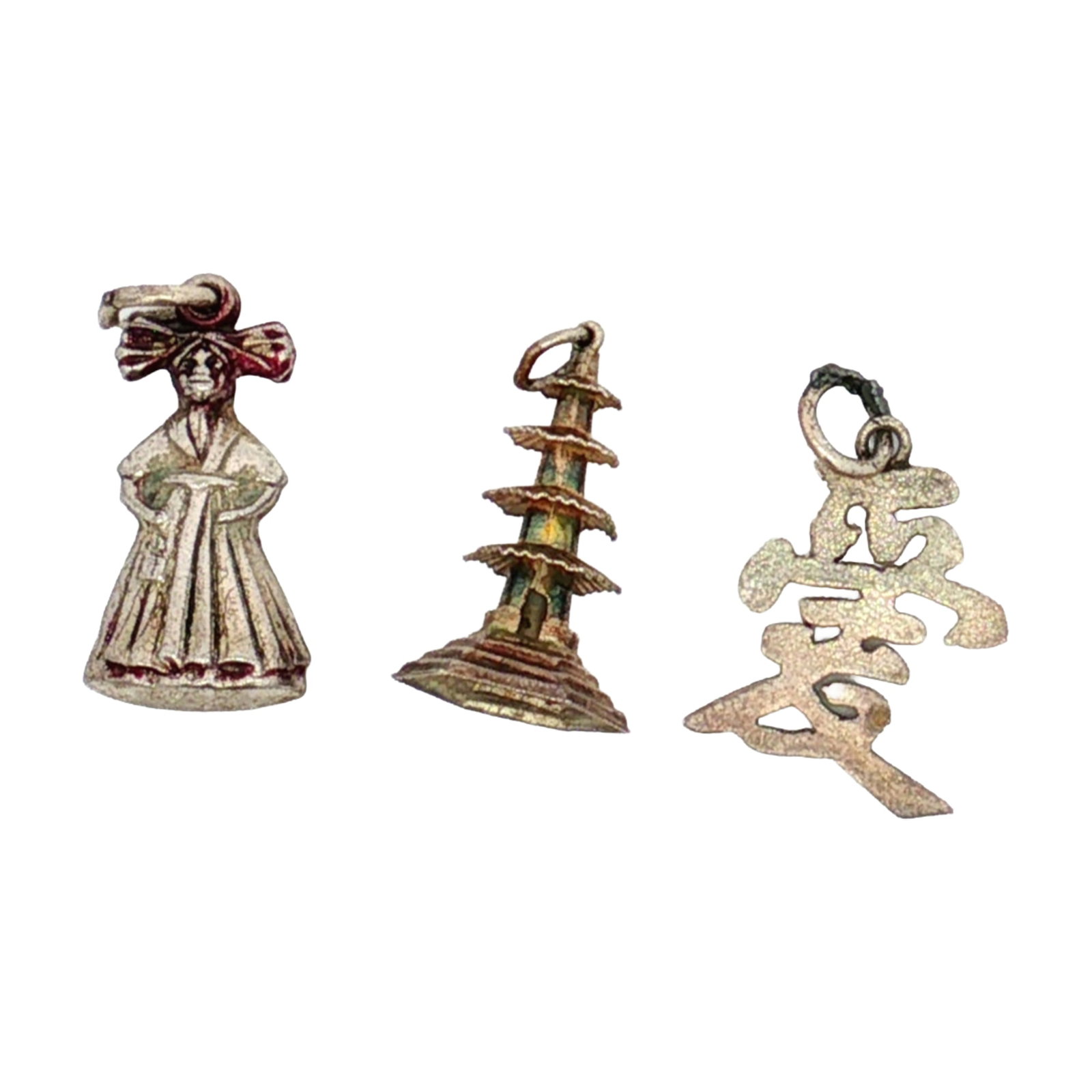 3pc Sterling Silver Chinese Character, Pagoda, and Kimono Charms: A group of three sterling silver charms depicting the Chinese character for love, a pagoda, and a woman in a kimono. Each charm is marked Sterling. Dimensions: 0.75"L x 0.75"H Weight: 2.96 g