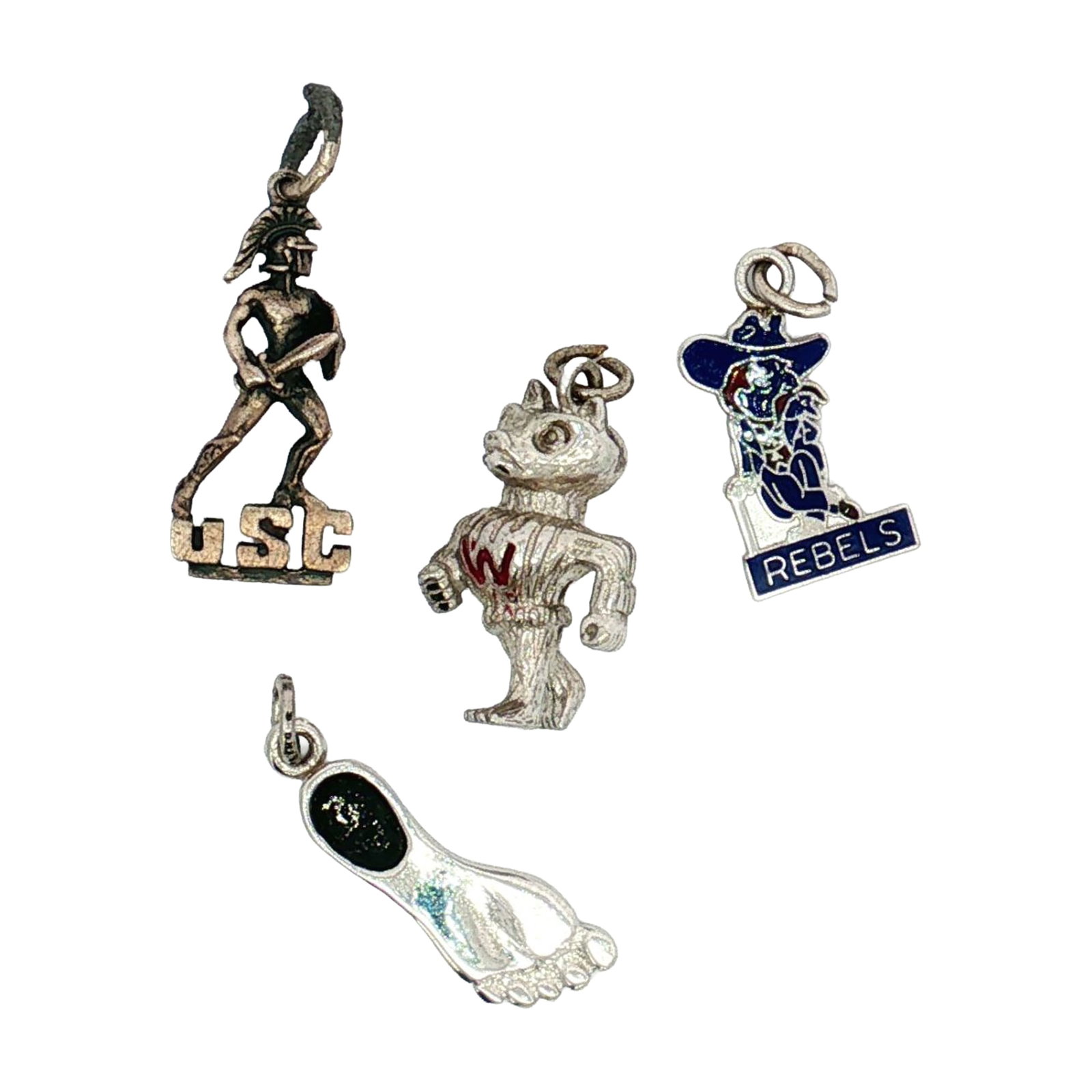 4pc Sterling and Non-Sterling Silver Miniature University Mascot Charms: A collection of four miniature silver charms featuring university mascots. The group includes the Tar Heel foot design for the University of North Carolina, the University of Southern California Troja