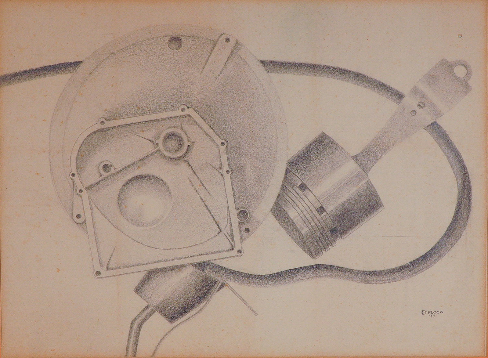 Diplock, Original Graphite Drawing on Paper, Industrial Precision, Signed: A striking pencil drawing executed in 1977 by Diplock, showcasing the beauty of mechanical form through an industrial lens. Rendered with meticulous shading and technical accuracy, the composition pre