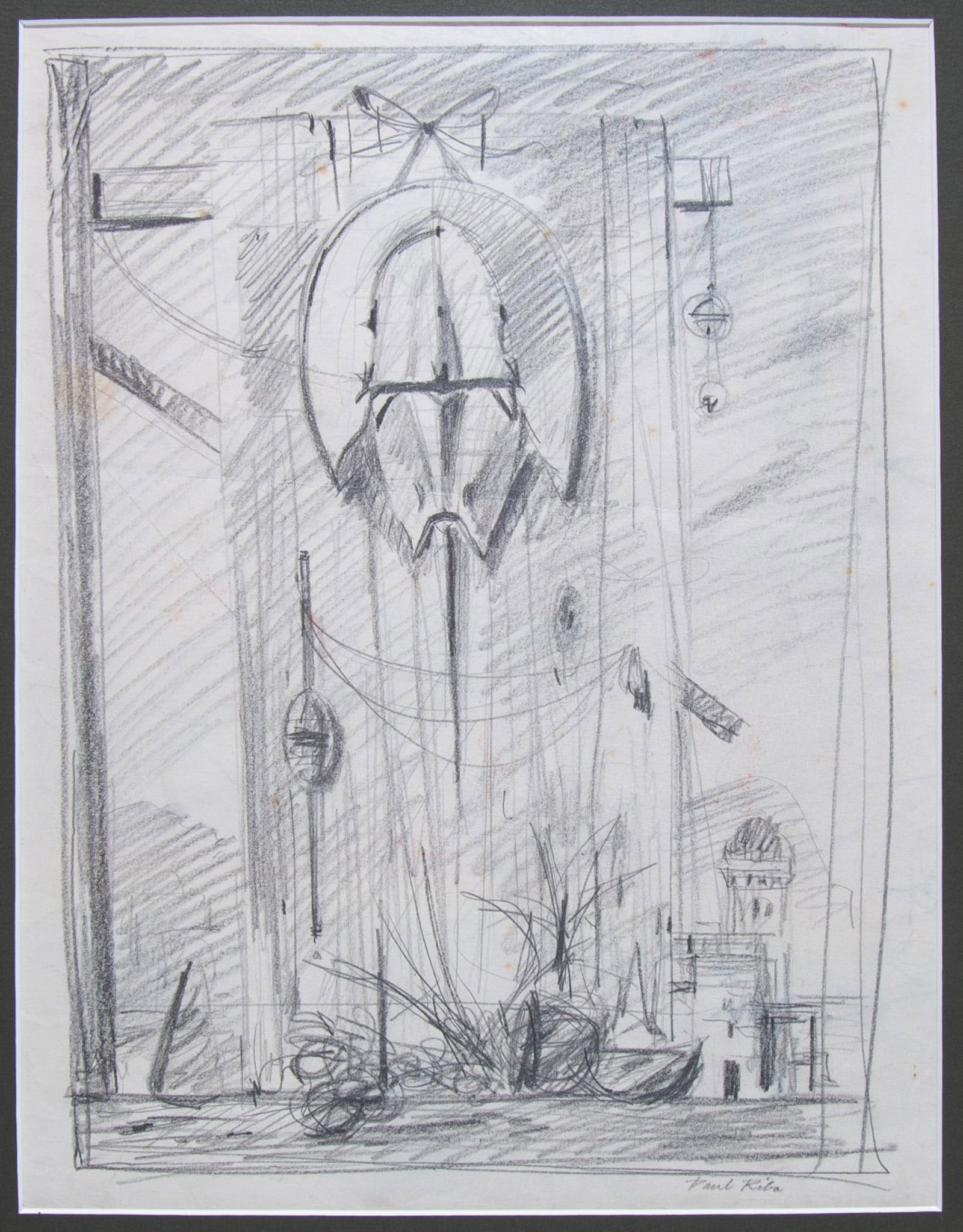 Paul Riba, Original Graphite Drawing on Paper, Signed: Medium size original graphite on paper drawing by Magic Realist artist Paul Riba. He has depicted a surreal scene where interior mundane objects and exterior fantastical elements fuse. Signature in gr