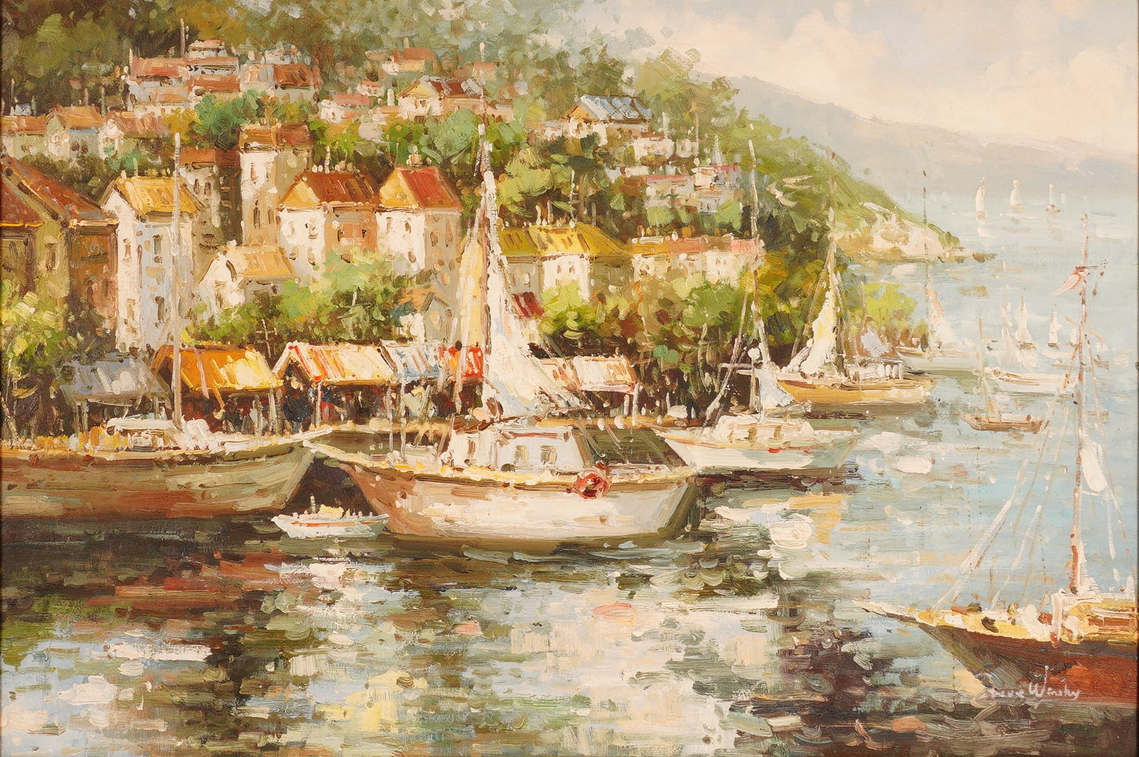 Steve Winsky, Oil on Canvas Painting, Harbor Scene, Signed: This vibrant oil on canvas painting captures a sunlit harbor along the Amalfi Coast, featuring sailboats docked near colorful hillside villas and lively market awnings. Executed with confident impasto
