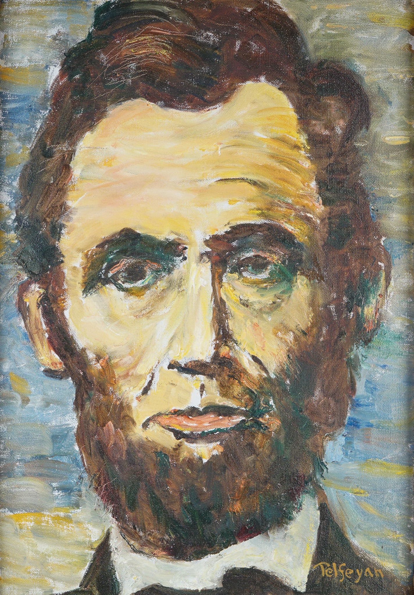 Telseyan, Oil on Canvas Painting, Portrait of Abraham Lincoln, Signed: Expressionist oil on canvas painting depicting the bust portrait of Abraham Lincoln in bold, textured brushstrokes. The composition focuses on Lincoln's gaze, with exaggerated color blocking and a pal