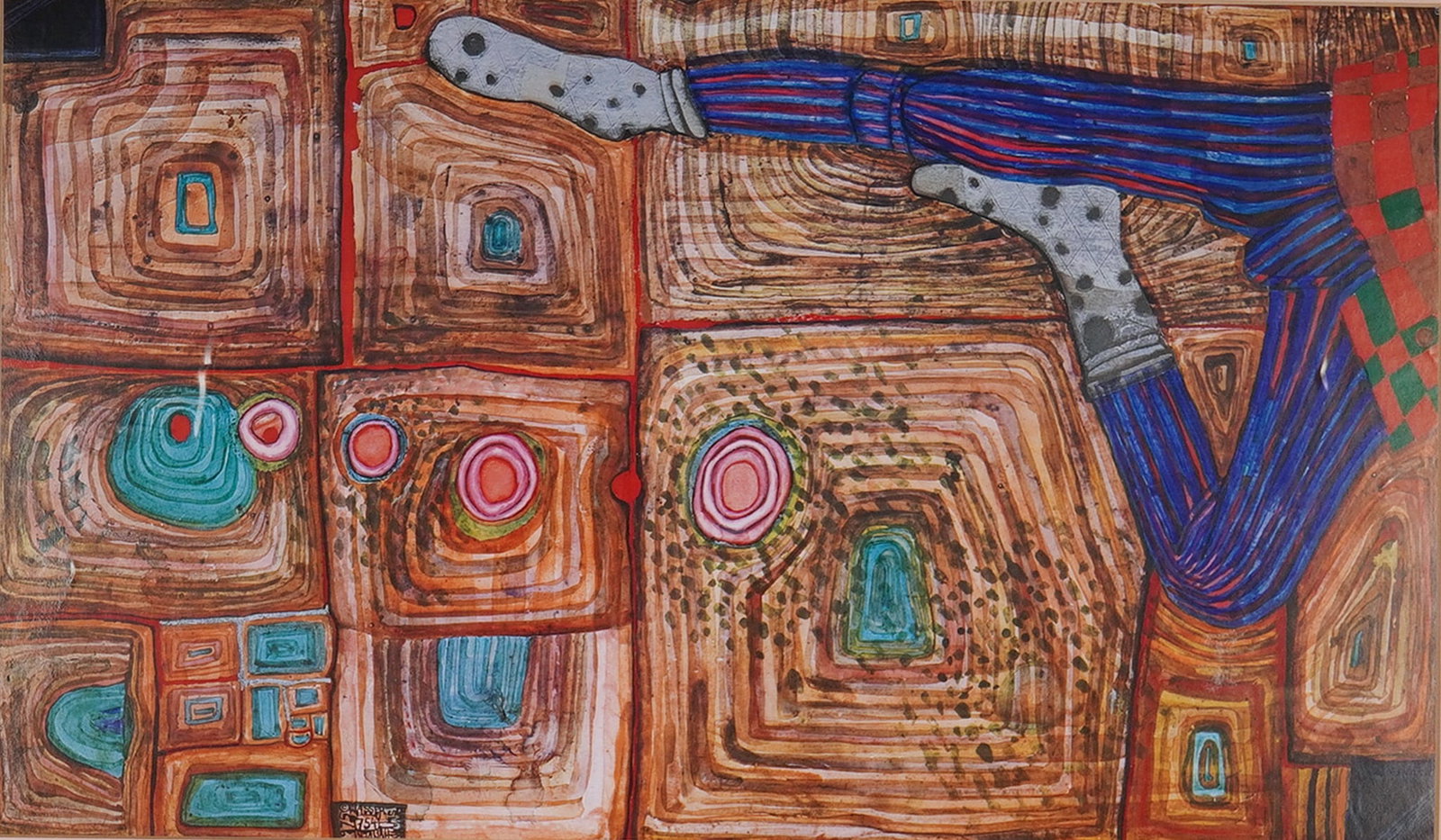 Friedensreich Hundertwasser (Austrian 1928-2000) Offset Lithograph Print: A vibrant and characteristically organic composition print by Friedensreich Hundertwasser, featuring his hallmark concentric forms, radiant color fields, and flowing linear geometry. The work displays