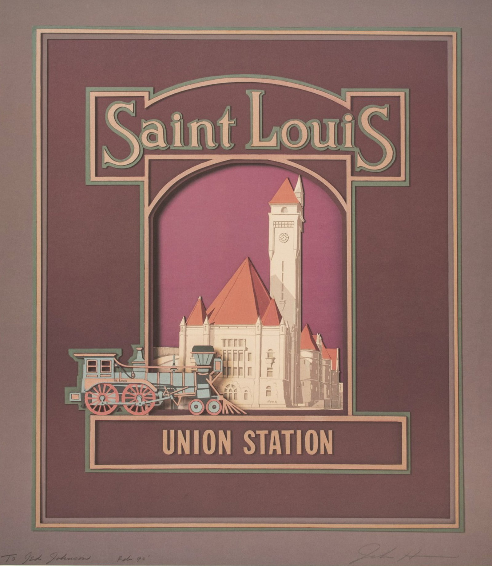 John Hunn, Large Original Color Lithograph on Paper, Signed: Large original color lithograph on paper entitled Saint Louis, Union Station by American Contemporary artist John Hunn. He employed shades of mauves and pinks with muted green accents to depict Saint 