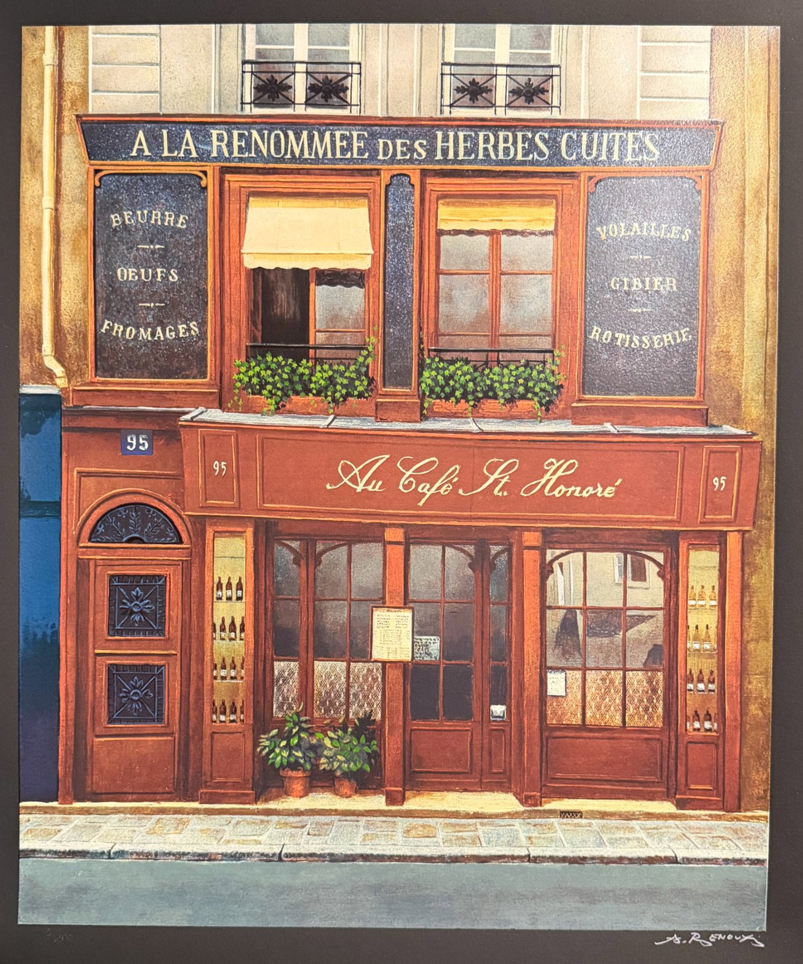 Andre Renoux (1939-2002), Serigraph, Cafe St. Honore, Signed: Serigraph titled Cafe St. Honore. Signed bottom right numbered 3/200. Sight size 23" x 26.75" Dimensions: See Description.