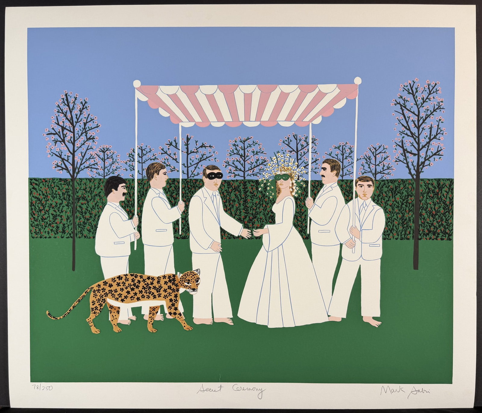 Mark Sabin (American 1936) Screenprint Secret Ceremony signed: Screenprint titled Secret Ceremony Signed lower right numbered 78/250 Sight size 32" x 26" Dimensions: See Description.