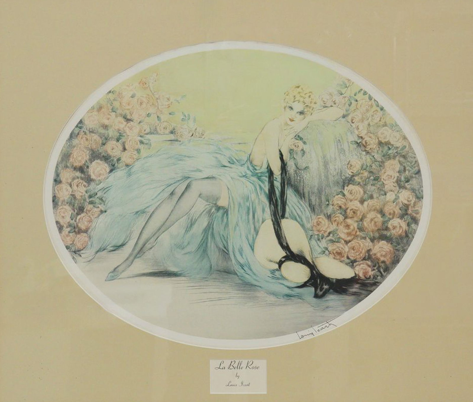 After Louis Icart (French, 1888-1950), Color Print on Paper, La Belle Rose: A framed color print on paper after an original artwork by French artist Louis Icart, titled La Belle Rose. The French Art Deco piece depicts a woman seated among roses. Facsimile signature on lower r