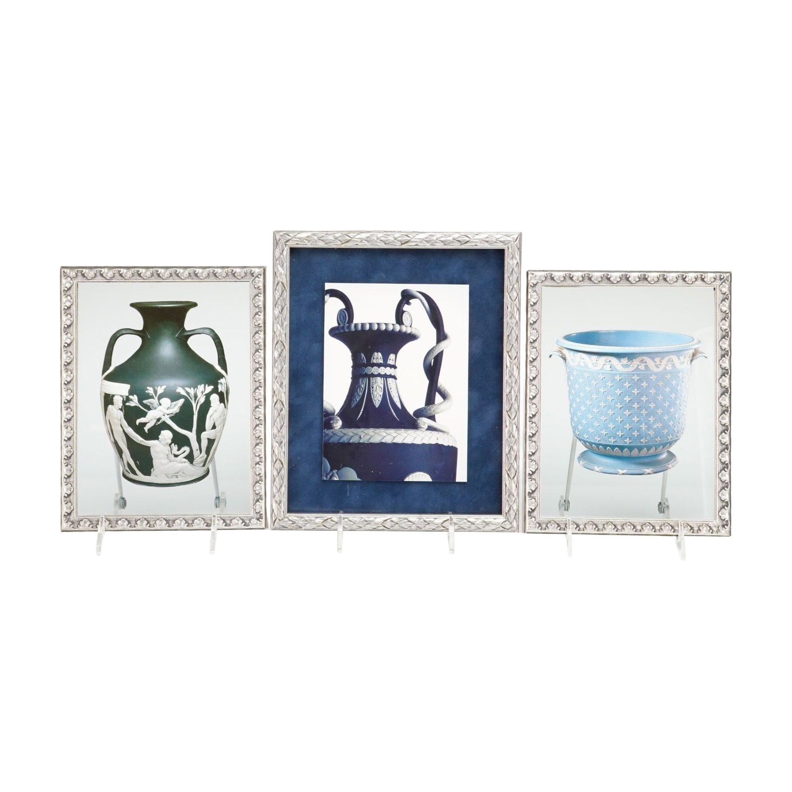 Victoria and Albert Museum, A Trio of Wedgwood Jasperware'Prints: These photographic prints depict 18th-century Wedgwood jasperware ceramics from the Victoria and Albert Museum collection. The collection consists of three framed items. Two prints are die-cut and mou