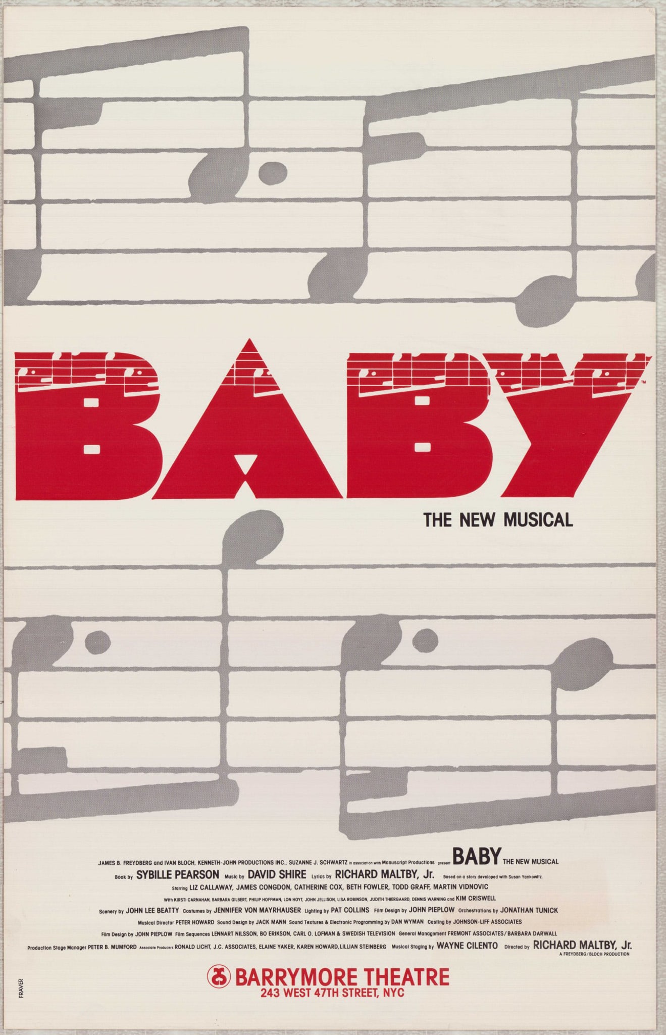 Baby: The New Musical by Frank Fraver Verlizzo, Original Theatre Production Poster, 1983 Broadway: This is an original theatre production poster for the 1983 Broadway musical Baby: A New Musical. The window card features graphic design by the celebrated theatrical artist Frank Fraver Verlizzo, whos