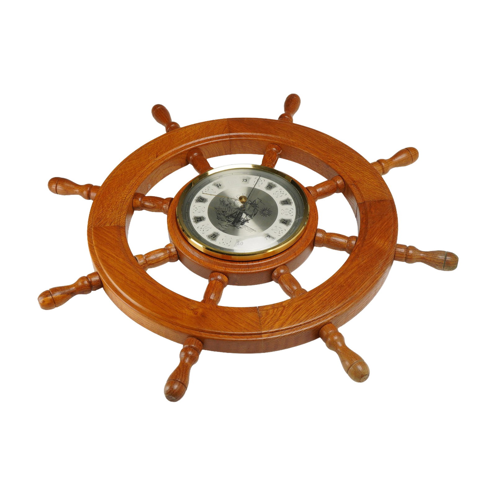 Fischer Nautical Wooden Ship's Wheel Barometer: Feingeratebau Fischer nautical aneroid wall barometer. The instrument is mounted in a ten-spoke wooden ship's wheel frame with a polished brass bezel and glass crystal. The dual-tone dial features a s