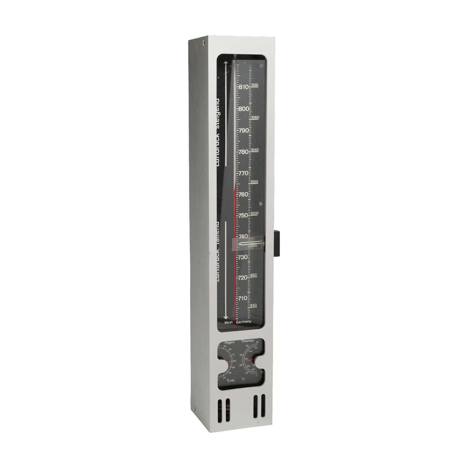 West German Vertical Barometric Weather Station: West German, mid-to-late 20th century. Vertical wall-mounted weather station console in a matte silver-tone anodized aluminum case. The upper portion features a linear barometer with dual scales for m