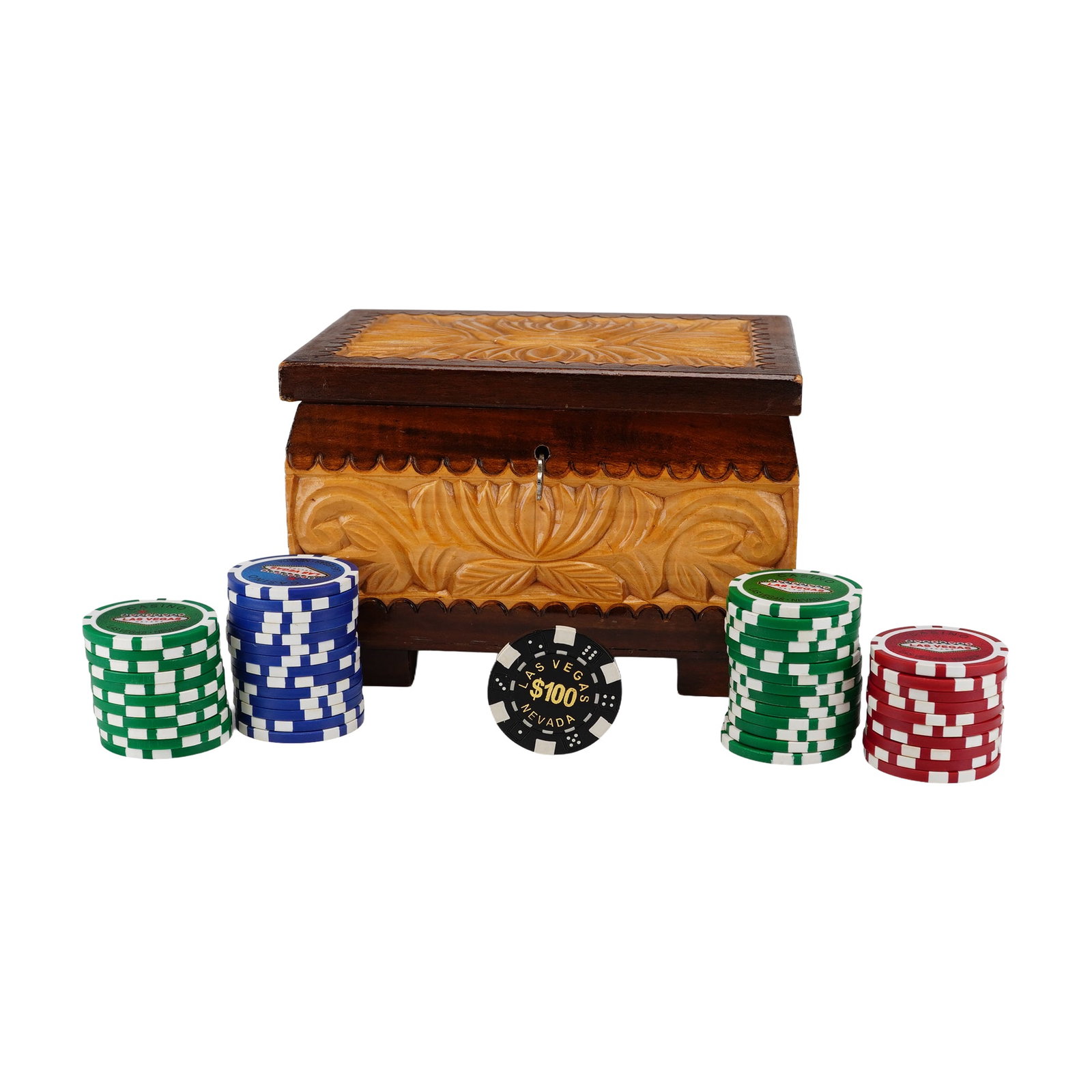 Las Vegas Souvenir Poker Set, Hand-Carved Wooden Chest, Late 20th Century: This Las Vegas souvenir poker set features a hand-carved wooden box with casino chips in them. The decorative storage chest is constructed from wood with a distinctive two-tone finish, featuring intri
