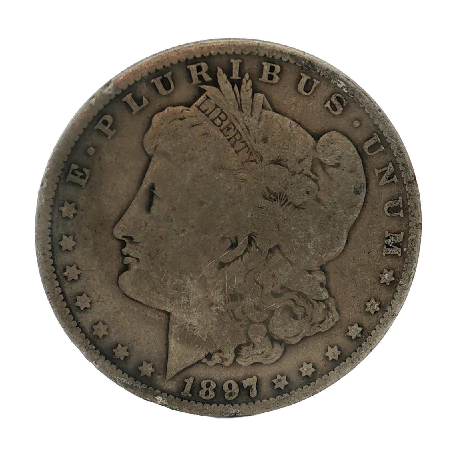 1897-O US Morgan Silver Dollar: This US 1897-O Morgan silver dollar is struck in 90% silver. The coin features the George T. Morgan design and carries the O mint mark for the New Orleans Mint. The obverse includes the date 1897 and 