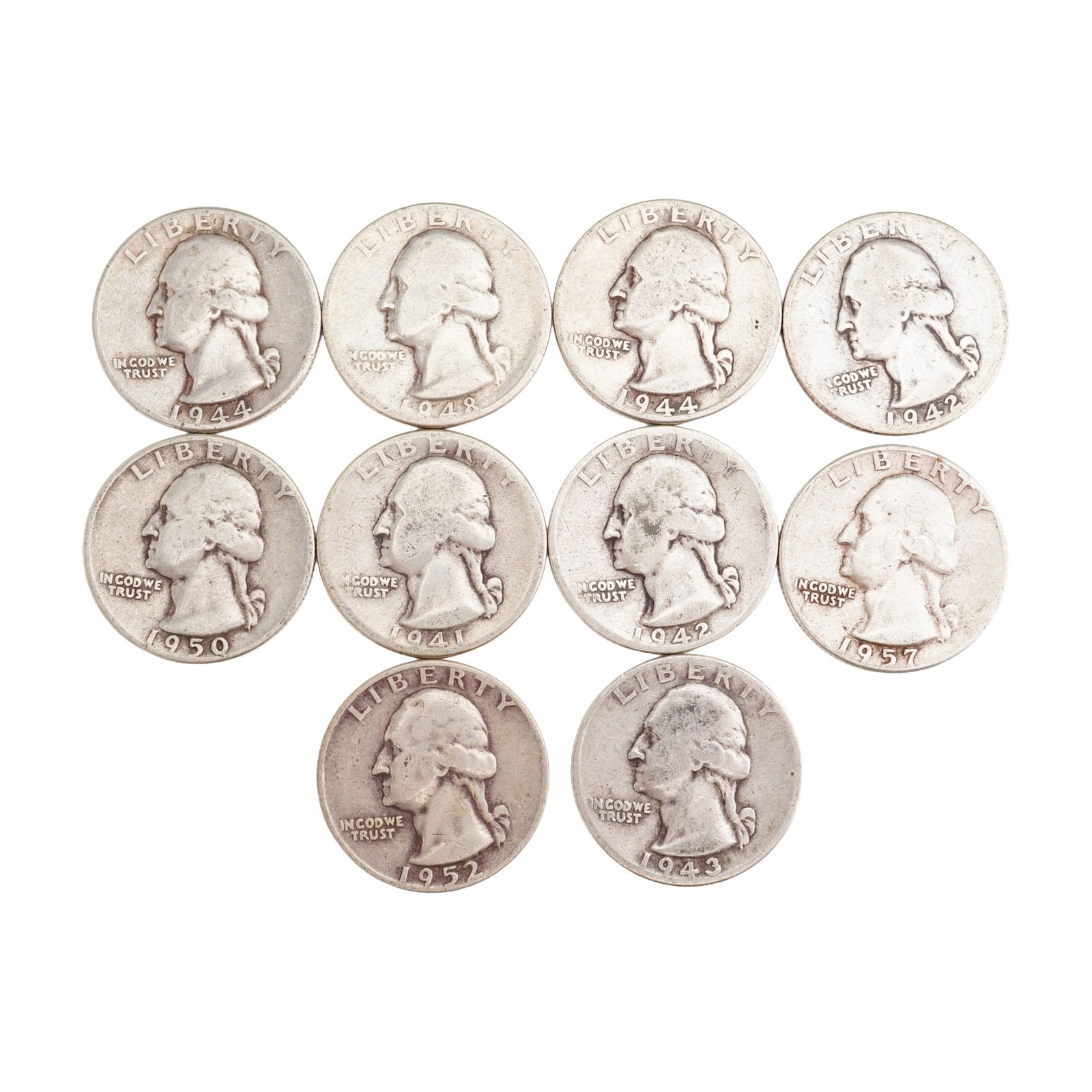 Lot of 10 U.S. Washington Silver Quarter 90% Silver Coin, Circulated (1 of 2)