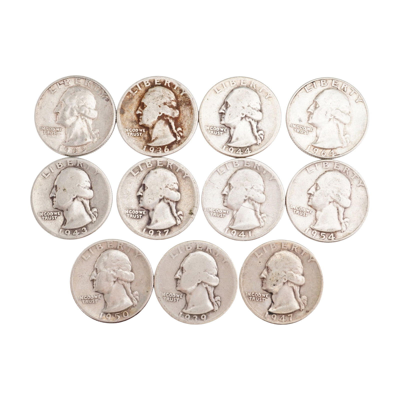Lot of 11 U.S. Washington Silver Quarter 90% Silver Coin, Circulated: Washington Silver Quarter with obverse portrait facing left with IN GOD WE TRUST and LIBERTY. Reverse depicting eagle, wings spread holding arrows and sprays with E PLURIBUS UNUM and UNITED STATES OF 