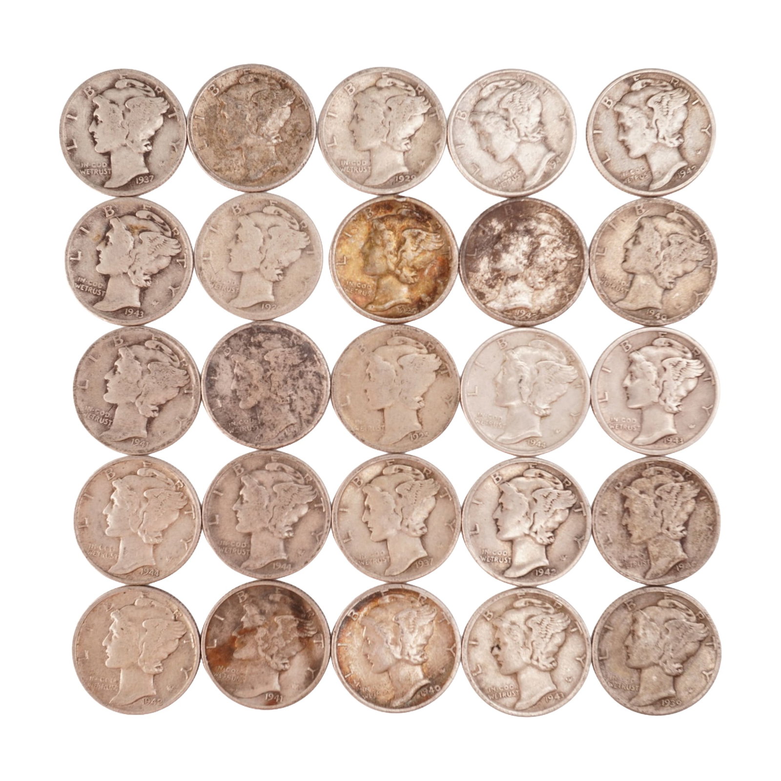 Lot of 25 Loose Mercury 90% Silver Dimes, Circulated: Obverse designed with an allegory of Liberty wearing a winged Phrygian cap (freedom of thought) is surrounded with the word "LIBERTY" and accompanied with the motto: "IN GOD WE TRUST". Reverse fasces 