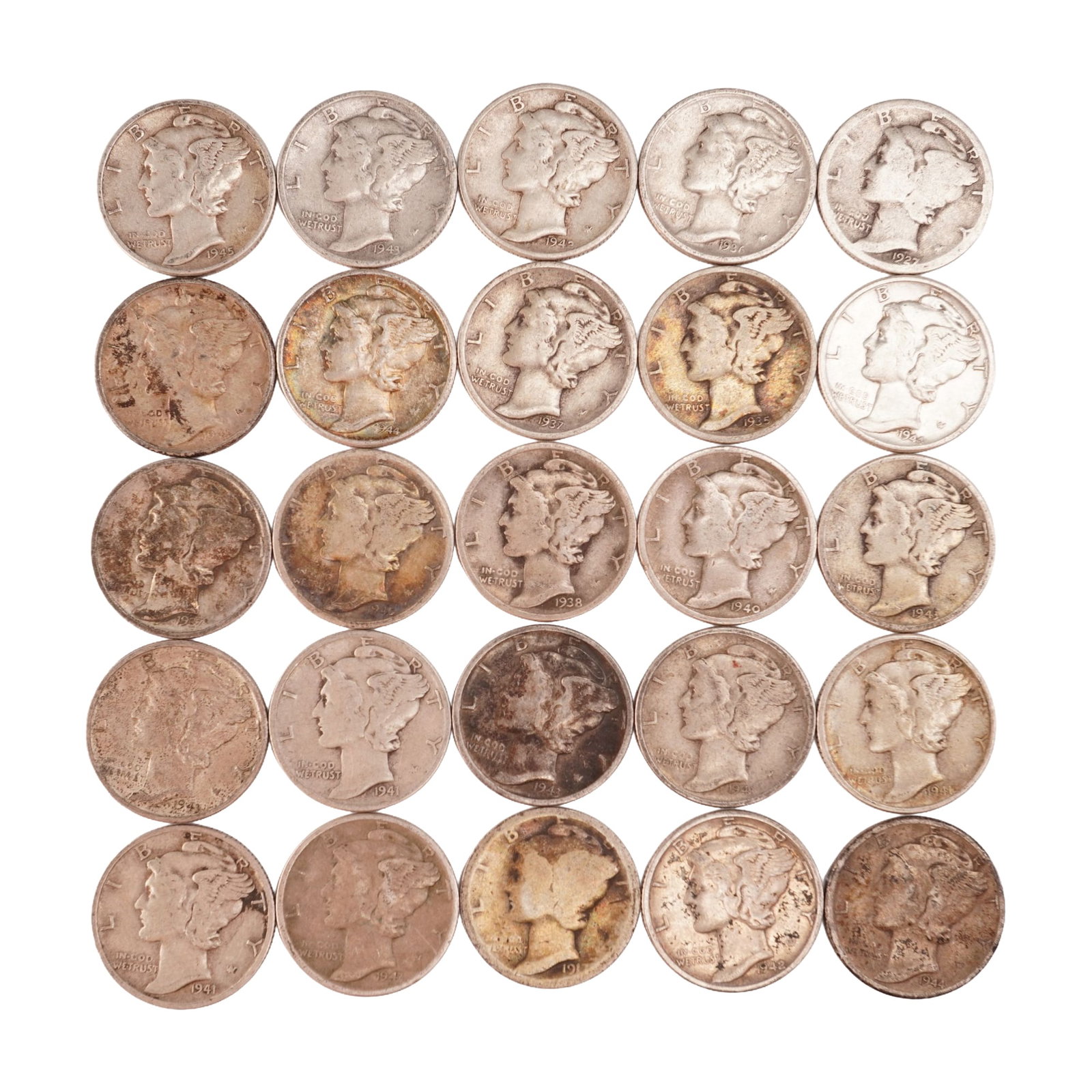 Lot of 25 Loose Mercury 90% Silver Dimes, Circulated: Obverse designed with an allegory of Liberty wearing a winged Phrygian cap (freedom of thought) is surrounded with the word "LIBERTY" and accompanied with the motto: "IN GOD WE TRUST". Reverse fasces 