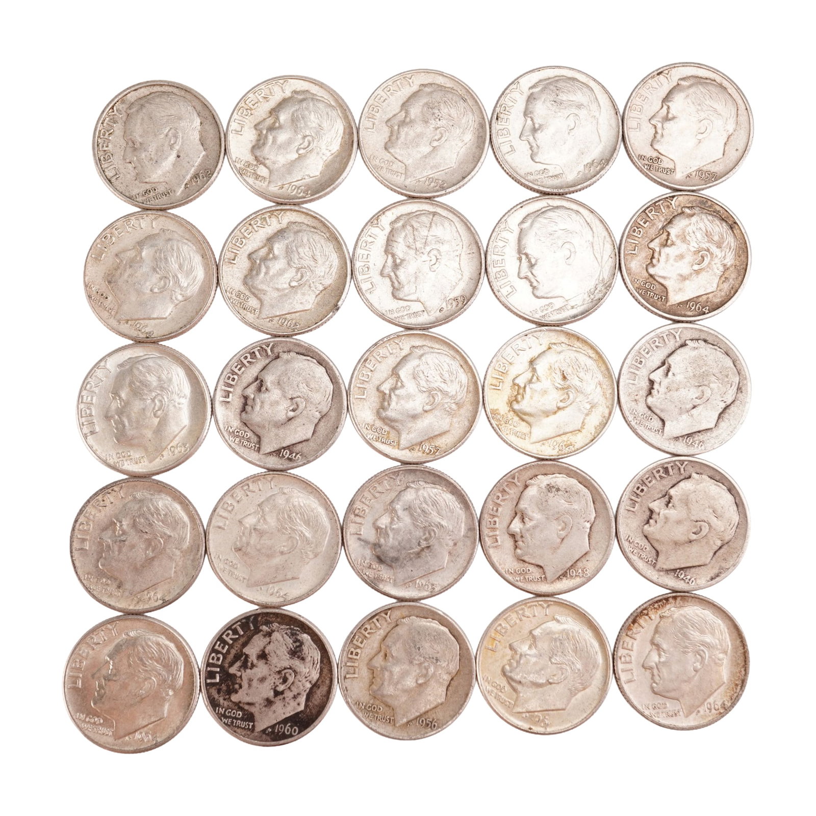 Lot of 25 Loose Roosevelt 90% Silver Dimes, Circulated (1 of 2)
