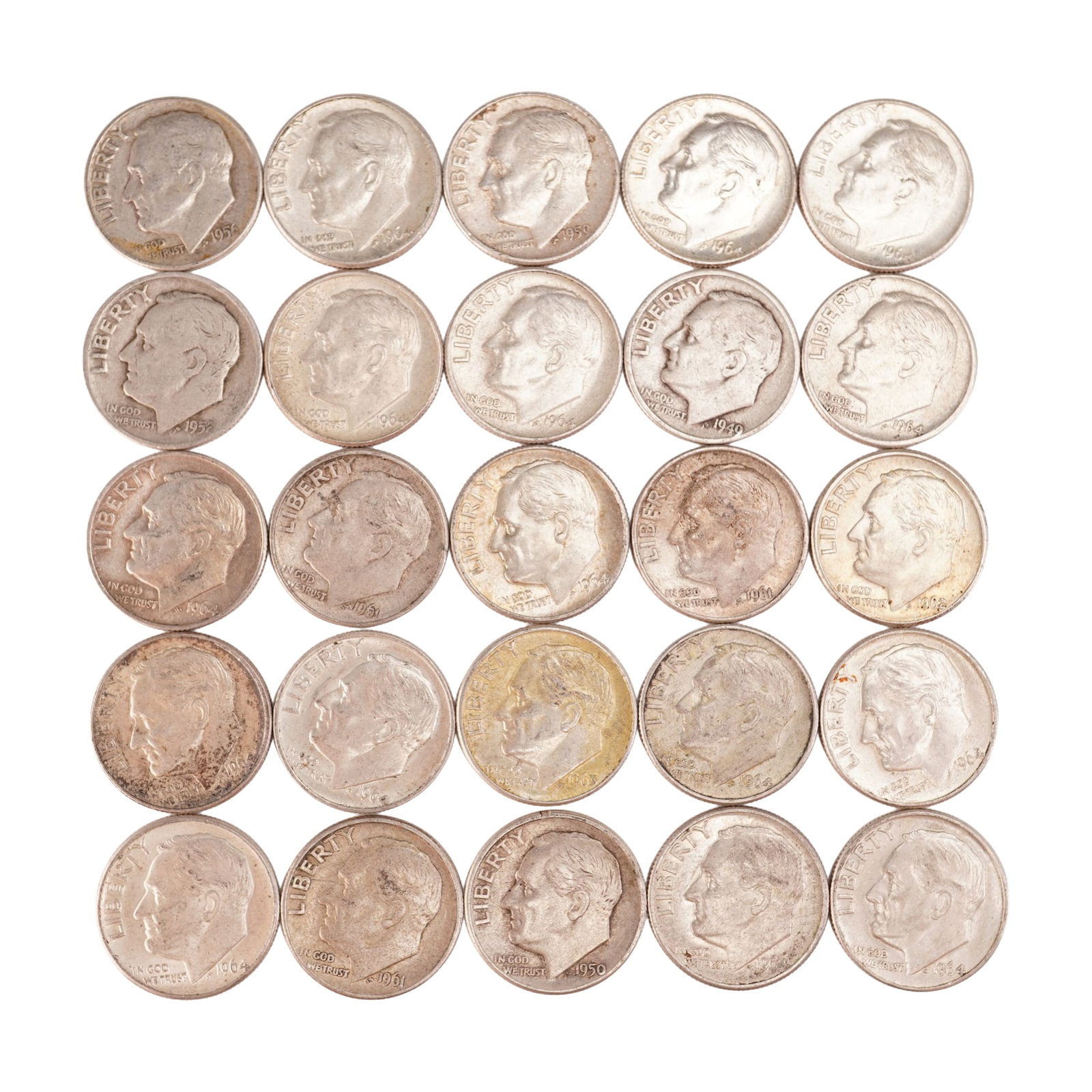 Lot of 25 Loose Roosevelt 90% Silver Dimes, Circulated: Obverse portrait in left profile of Franklin D. Roosevelt, the 32nd President of the United States from 1933 to his death in 1945, is accompanied with the motto: "IN GOD WE TRUST" and surrounded with 