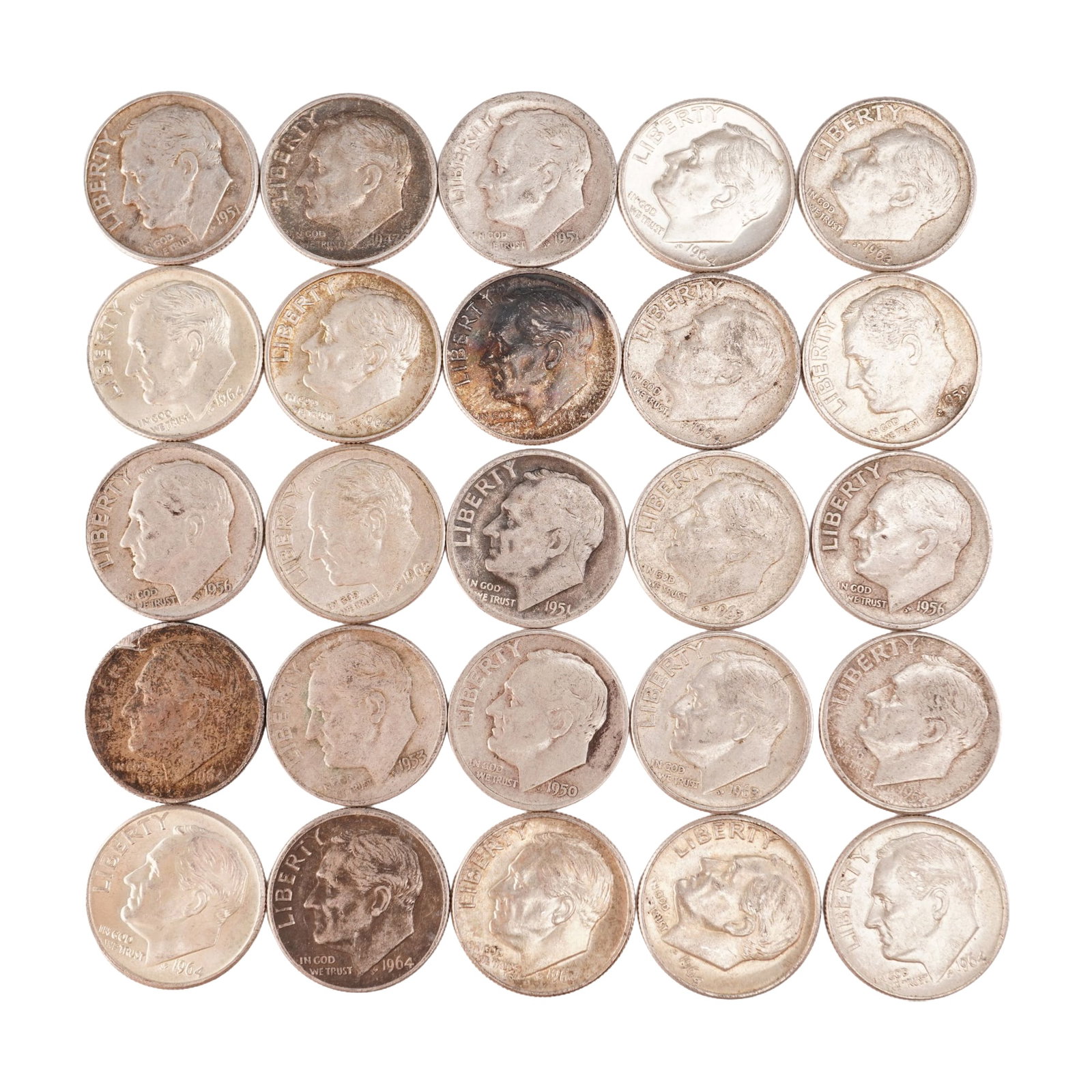 Lot of 25 Loose Roosevelt 90% Silver Dimes, Circulated: Obverse portrait in left profile of Franklin D. Roosevelt, the 32nd President of the United States from 1933 to his death in 1945, is accompanied with the motto: "IN GOD WE TRUST" and surrounded with 