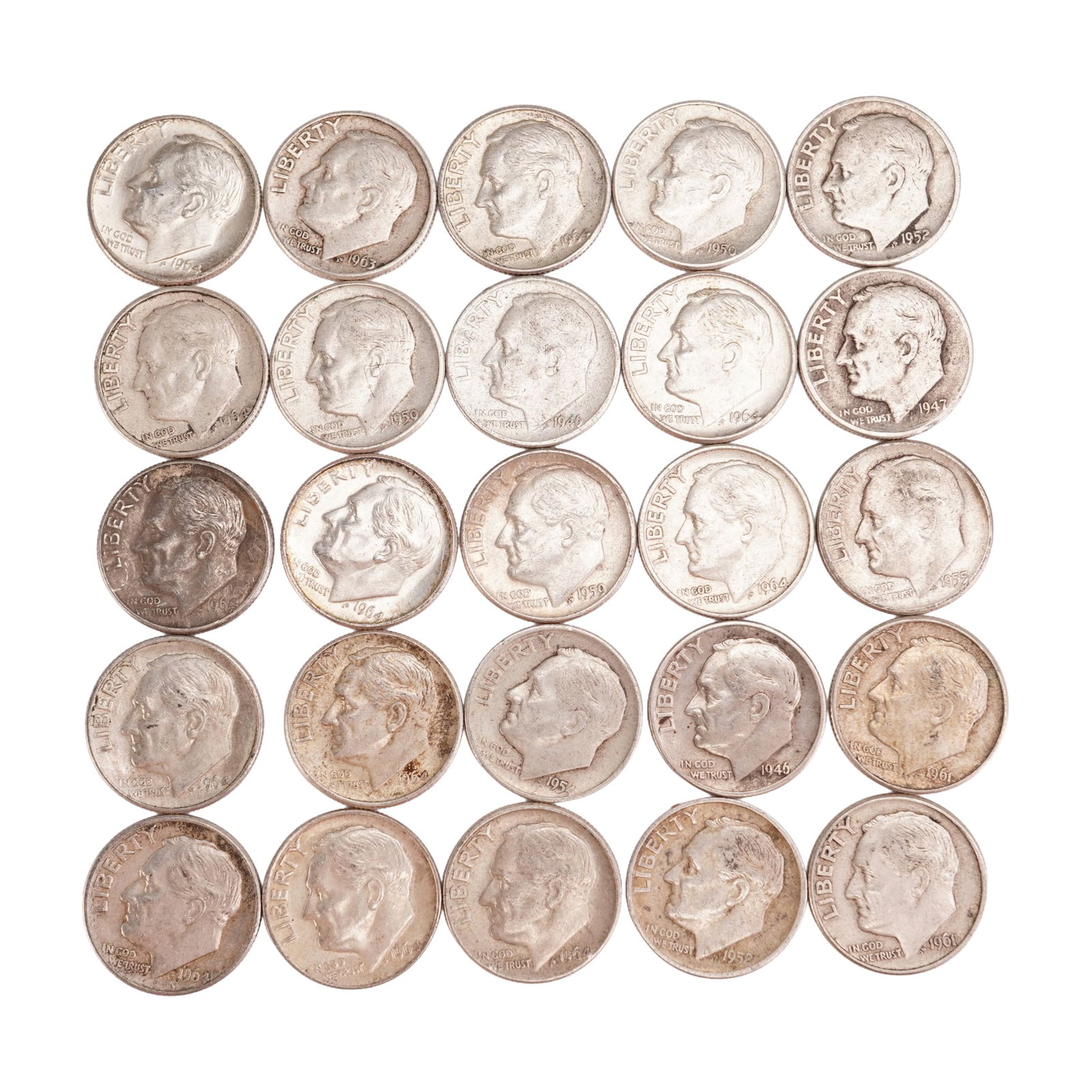 Lot of 25 Loose Roosevelt 90% Silver Dimes, Circulated: Obverse portrait in left profile of Franklin D. Roosevelt, the 32nd President of the United States from 1933 to his death in 1945, is accompanied with the motto: "IN GOD WE TRUST" and surrounded with 