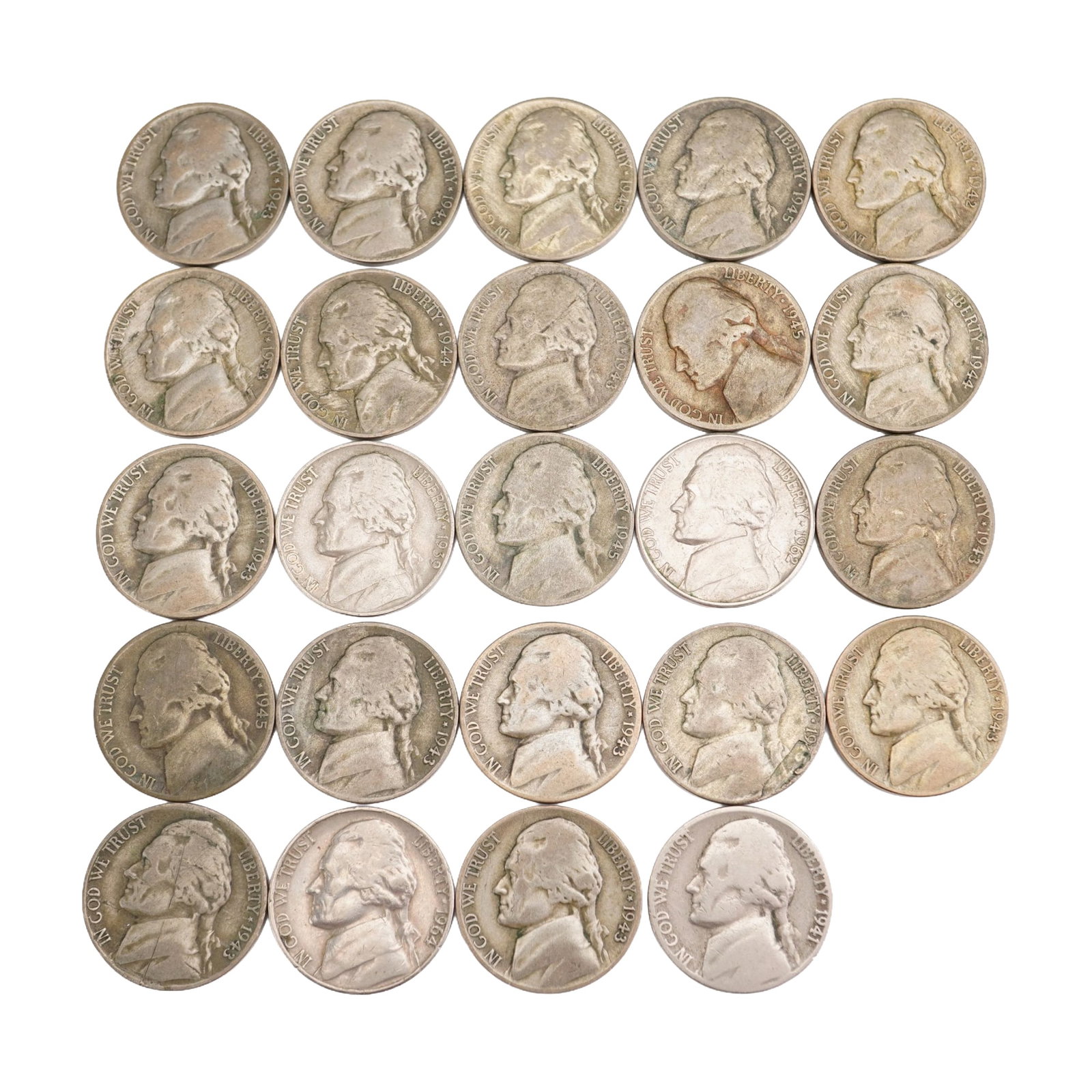 Lot of 24 Jefferson Wartime Nickel .350 Silver Coin, Circulated (1 of 2)