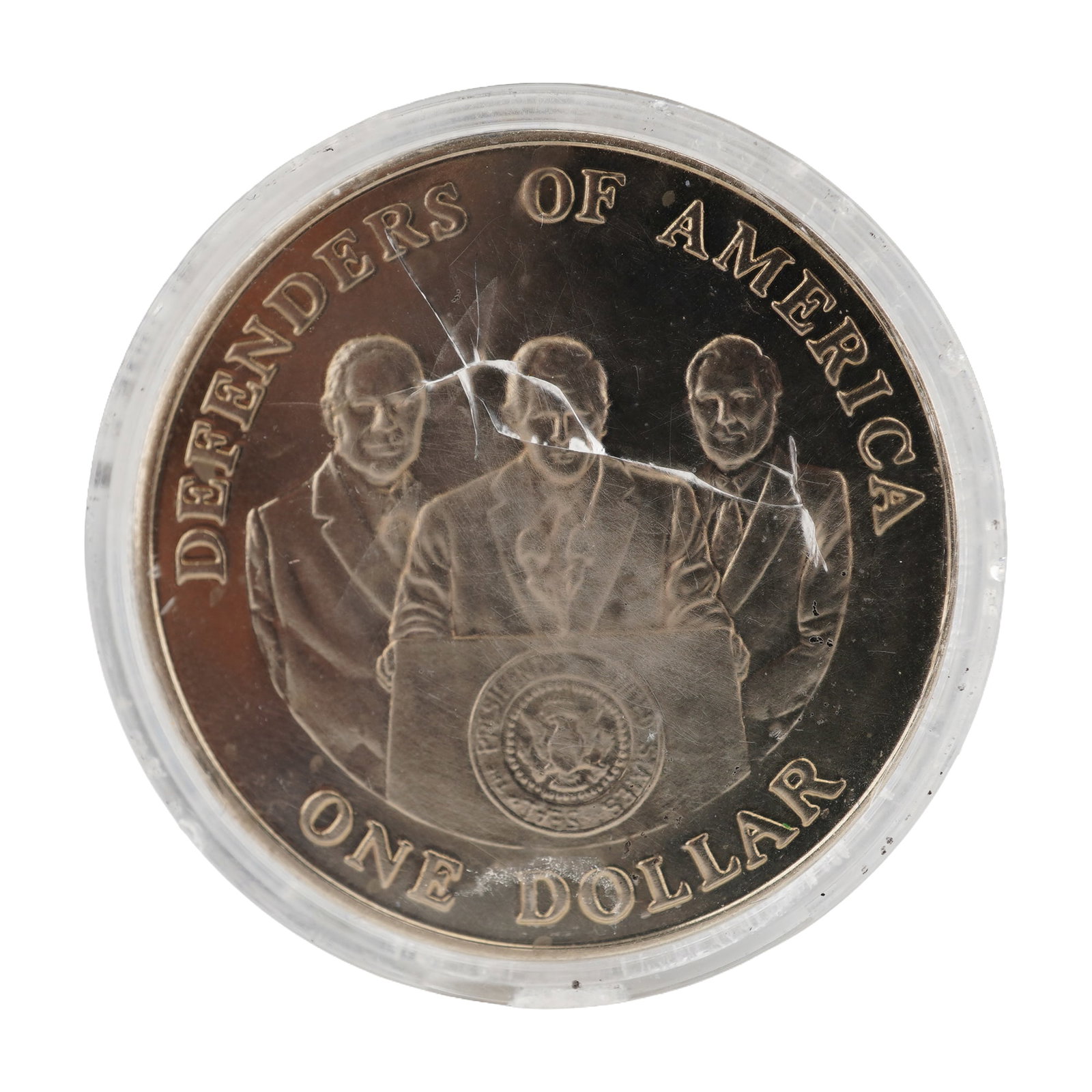 2004 $1 Northern Mariana Islands Defenders of America Coin: Featuring on the obverse the emblem of the Northern Mariana Islands with a circle of flowers and plants surrounding a sculpture and a star, with an eagle at the front and the year below. The reverse d