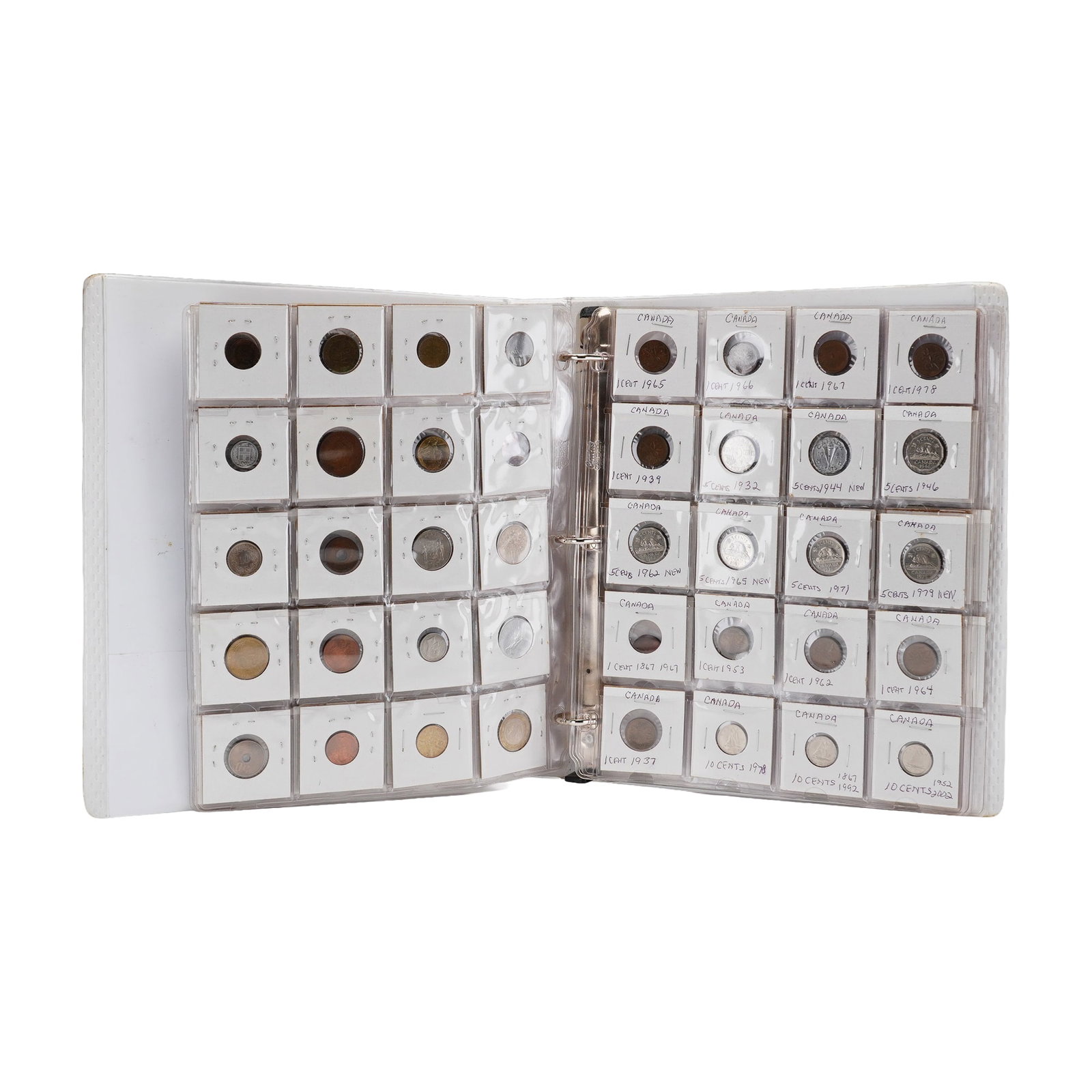 Collection of US and Foreign Mixed Circulated Coins of Various Dates in Binder: This lot comprises a collection of various dated foreign mixed coins from several global issuers, organized within six plastic pocket pages in a white three-ring binder. The collection features a sign