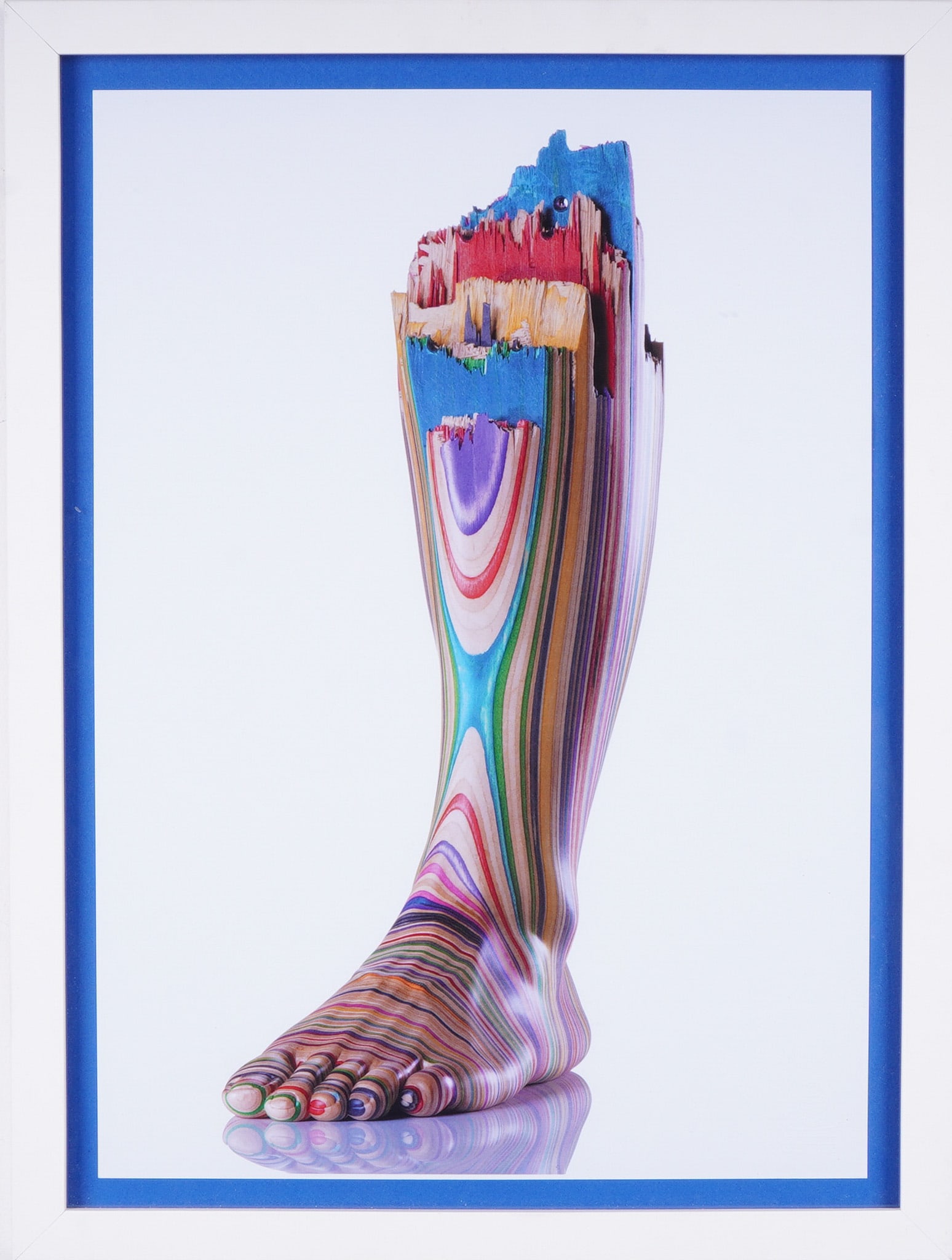 Haroshi, 'Screaming My Foot', Digital Giclee Print, Edition of 100: This digital giclee print by Japanese artist Haroshi depicts his iconic sculpture of a severed human leg and foot, meticulously crafted from laminated, recycled skateboard decks. The vibrant, multi-co