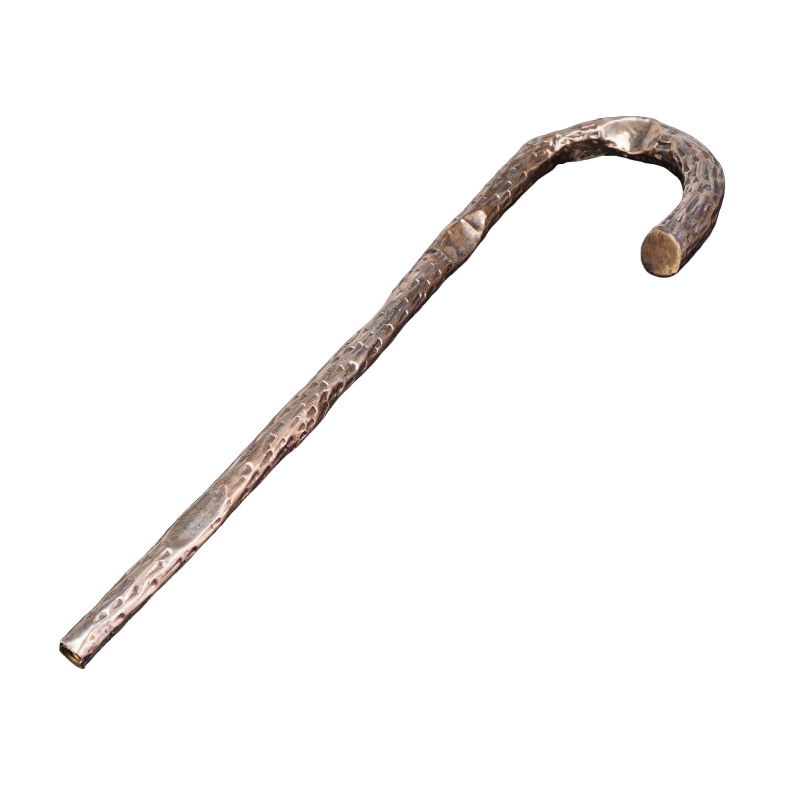 800 Silver Miniature Shepherd Crook Cane: This item is 800 silver miniature cane handle designed in the form of a shepherd's crook. The exterior is decorated with an allover textured finish in the faux bois style, intended to resemble the tex
